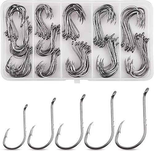 Juego de anzuelos de pesca para pulpo, 130 ganchos circulares de pulpo compensados, gancho en J de bagre, ganchos de acero de alto carbono, anzuelos