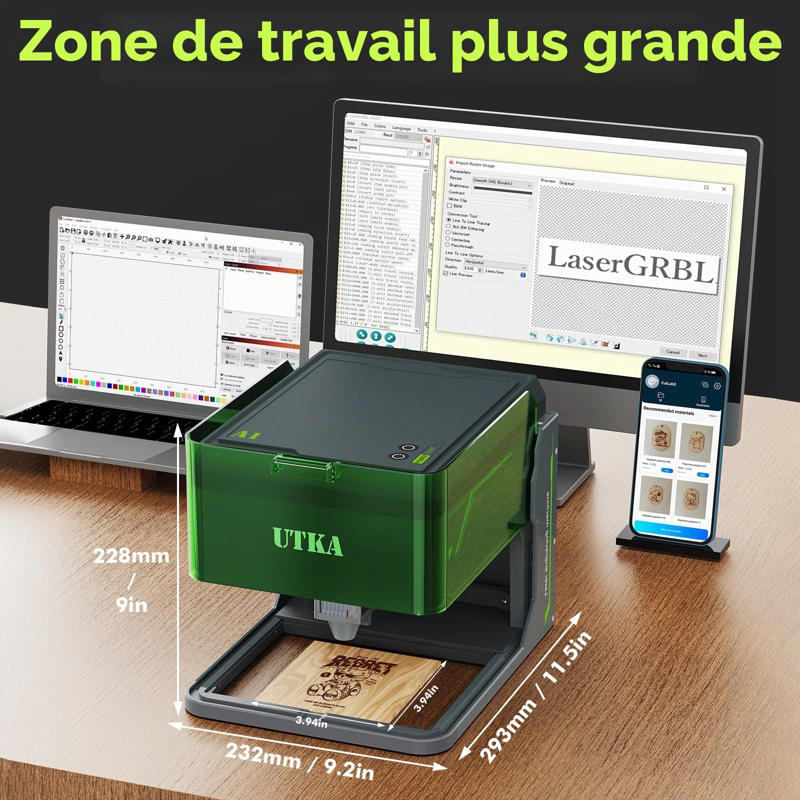 UTKA A1 10W Mini graveur laser avec Cemera, graveur laser portable de 3,93 * 3,93 pouces et machine de coupe pour le bois, le papier, le plastique, le cuir, le tissu, la nourriture, le métal peint