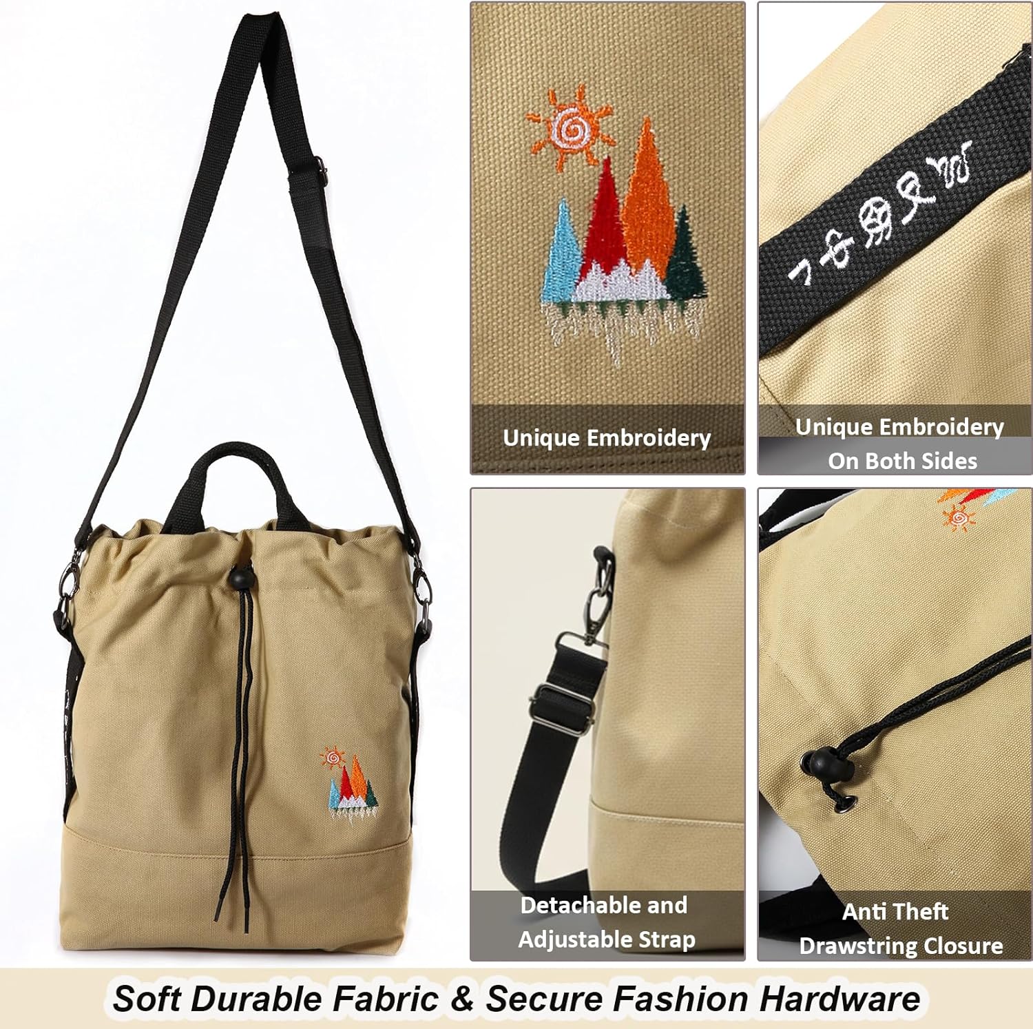 Women Canvas Tote Handbags Casual Shoulder Work Bag Crossbody Bag with Sunshine Embroidery - Image 5