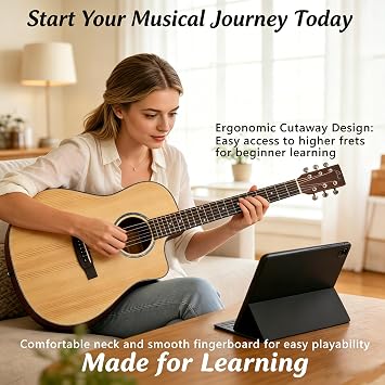 Ranch Acoustic Guitar 41 Inch Full Size, JF Body Style Cutaway, A-Grade Spruce Top with Sapele Back & Sides, Matte Natural Finish, Right-Handed Starter Guitar Kit for Beginners & Adults