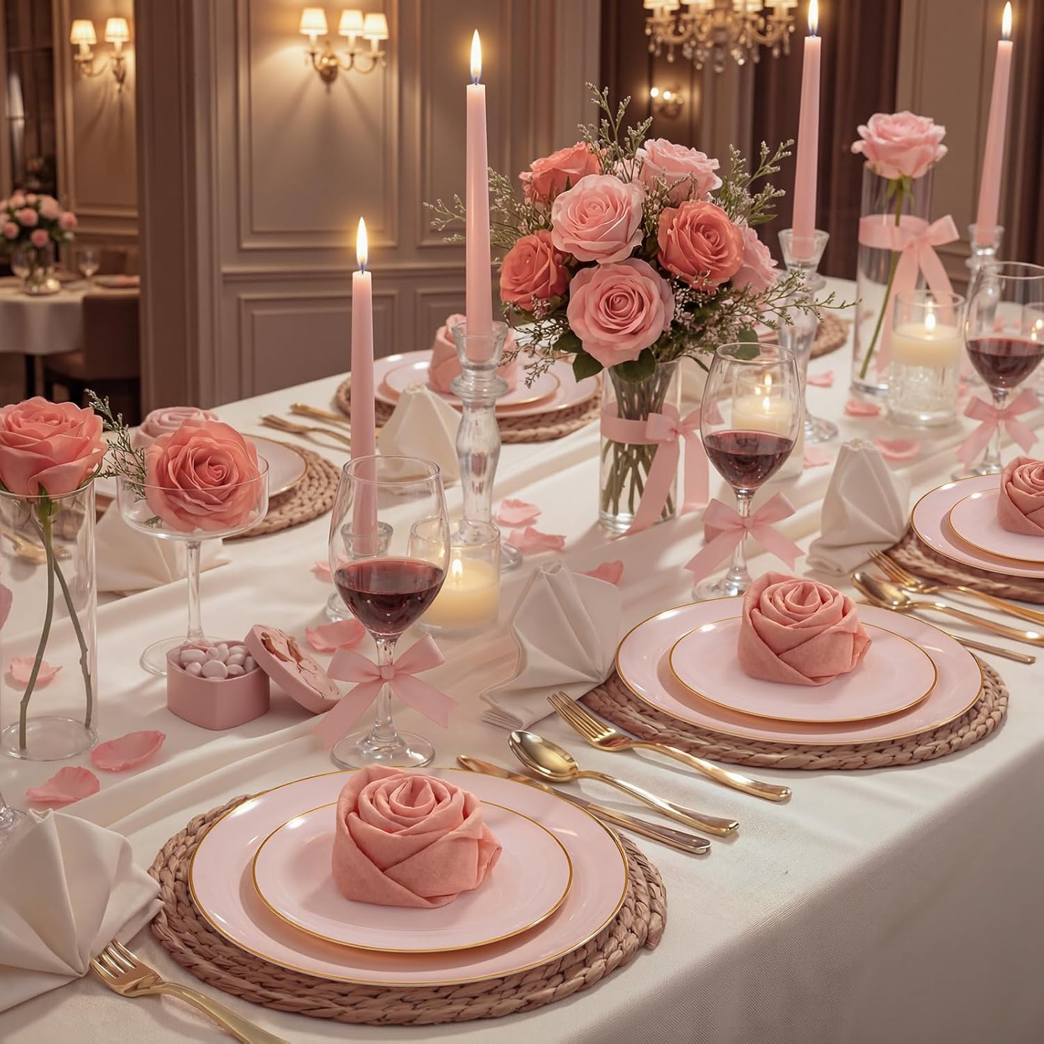 WDF 300Pcs Pink Plates Disposable - Pink and Gold Plastic Dinnerware Set for 50 Guests Include 50 Dinner & Cake Plates, 50 Disposable Cutlery, 50 9oz Cups for Wedding, Party, Valentine's Day - Image 8