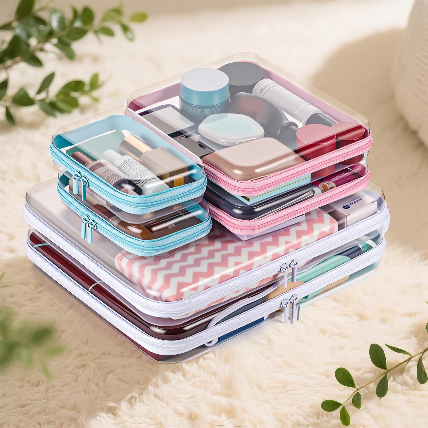 6Pcs Clear Hard Shell Zipper Case Set Travel Organizer, Hard Plastic Zipper Pouches Multi-Purpose Storage for Makeup, Toiletry, Office Supplies & Kids Toys
