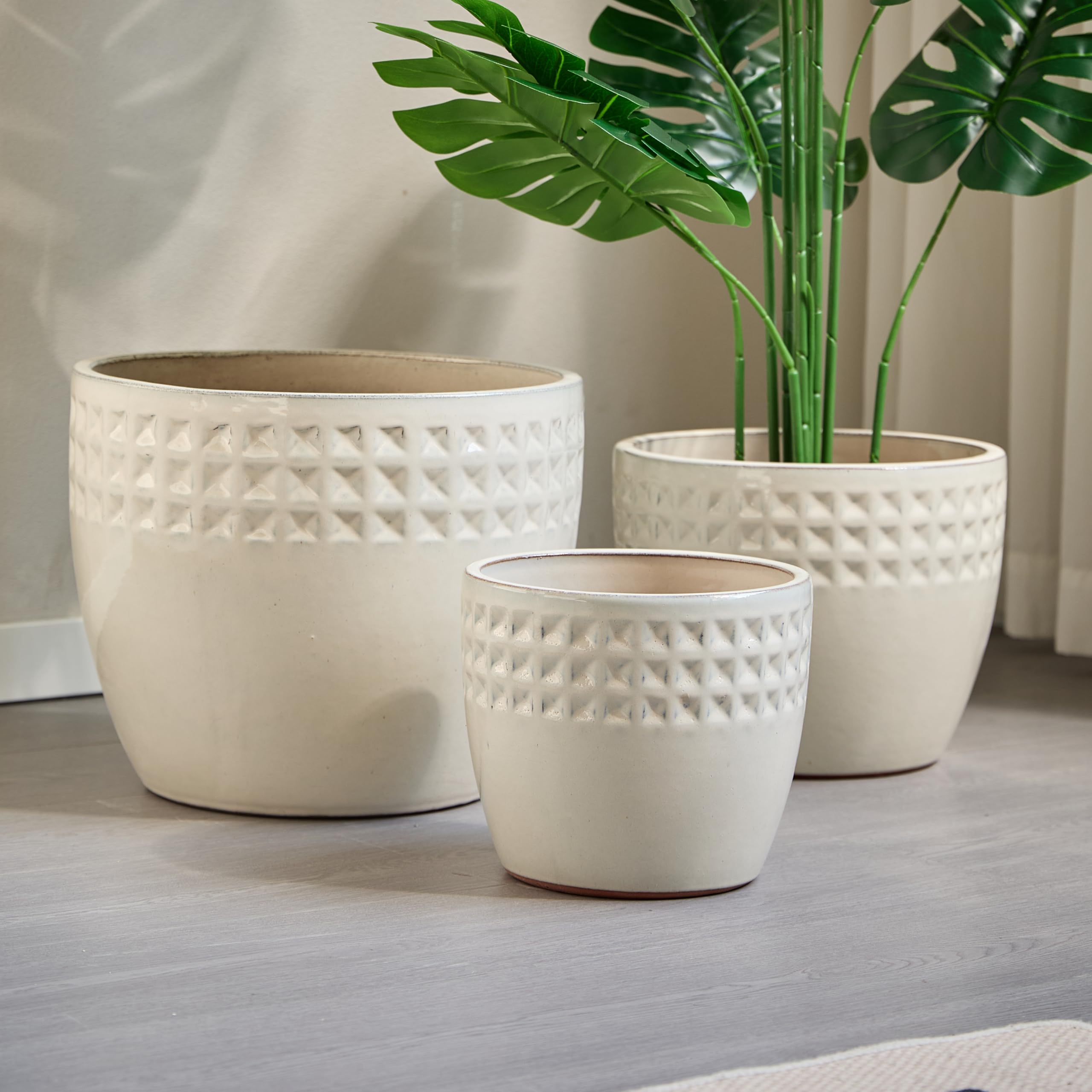 Zestaw doniczek ceramicznych, 3-częściowy, ręcznie wykonana, antyczna biała ozdobna doniczka z białym wzorem w romby, Ø 38/30/23 cm, otwory odpływowe, odporna na mróz, do użytku wewnątrz i na