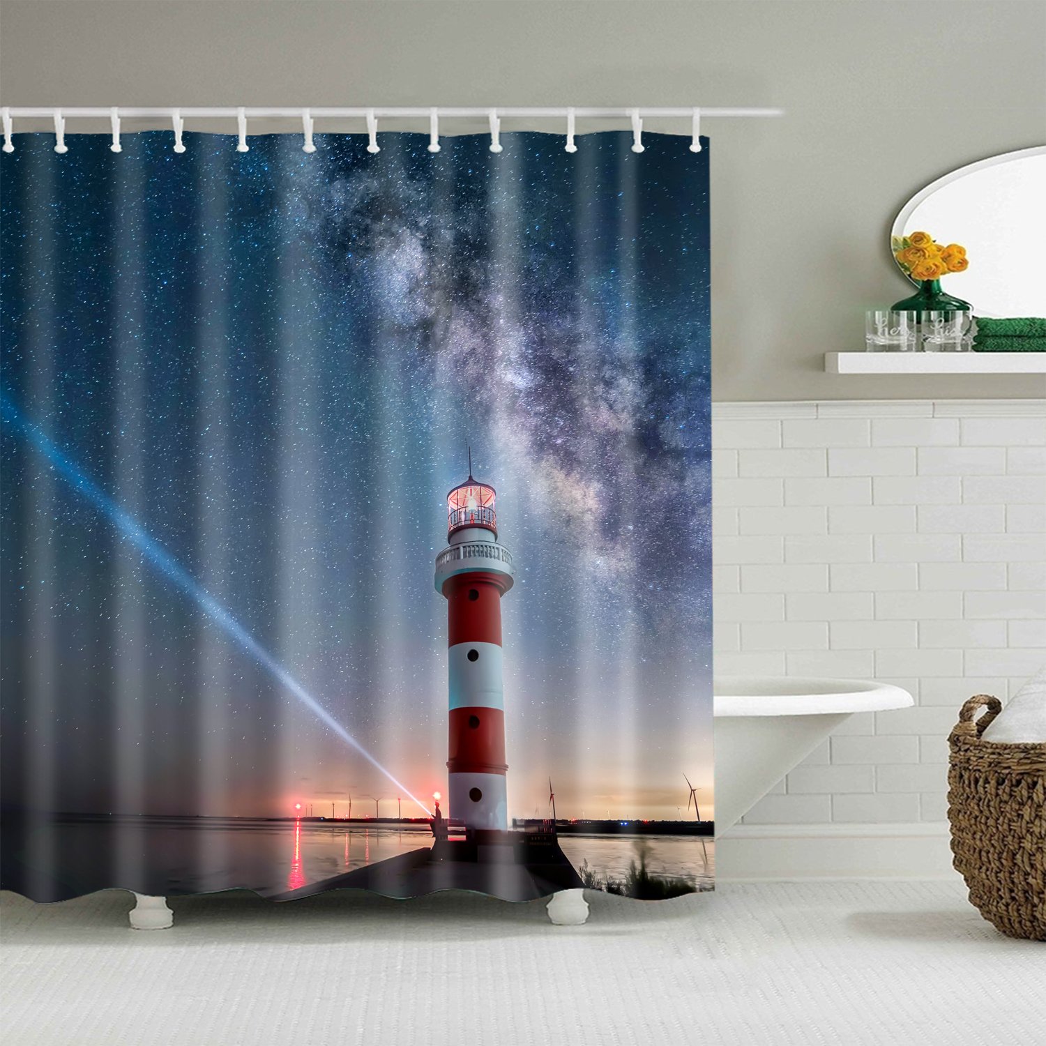 StoneMaxi Waterproof 180 x 180 Polyester Bathroom Shower Curtain Print Fabric With 12 Hooks, Multiple Designs Landscape with Anti-Mould Proof Resistant Machine Washable (Lighthouse-2)