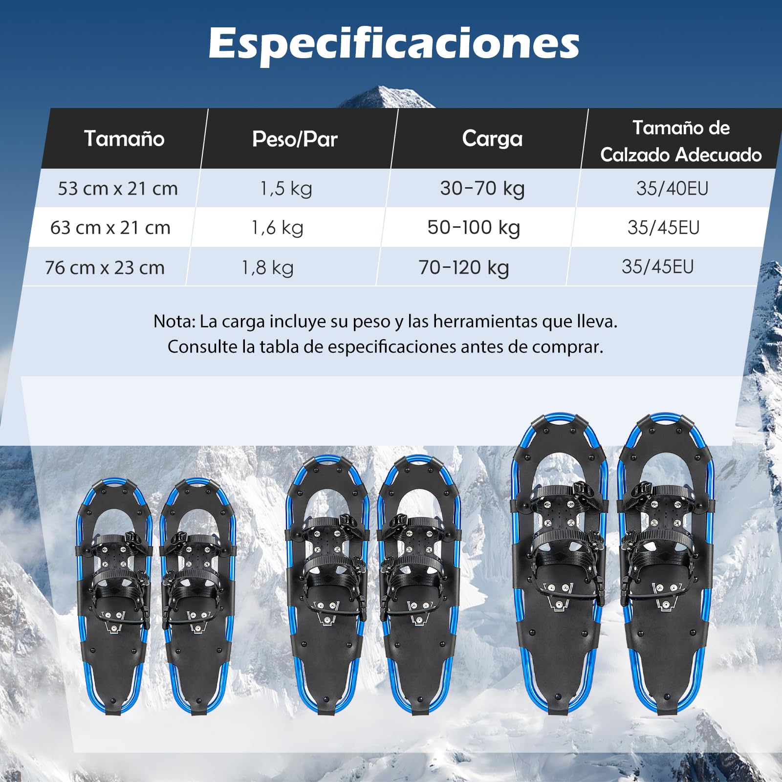 GYMAX Juego de Raquetas de Nieve 3en1 Aluminio 53/63/76 cm Bastones de Trekking Bolsa de Transporte