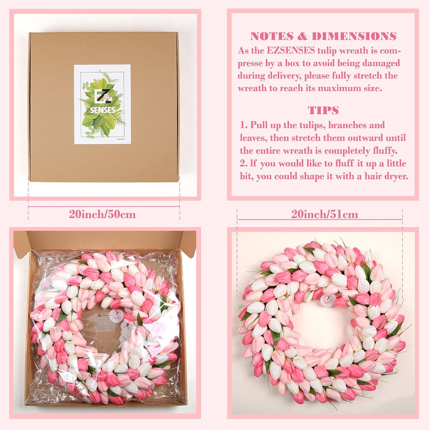 Tulip Wreath for Front Door, 20 Inch Tulip Spring Wreath with Green Leaves, Artificial Floral Door Wreath for All Seasons Wall Window Valentine Easter Home Decor (Pink) - Image 5