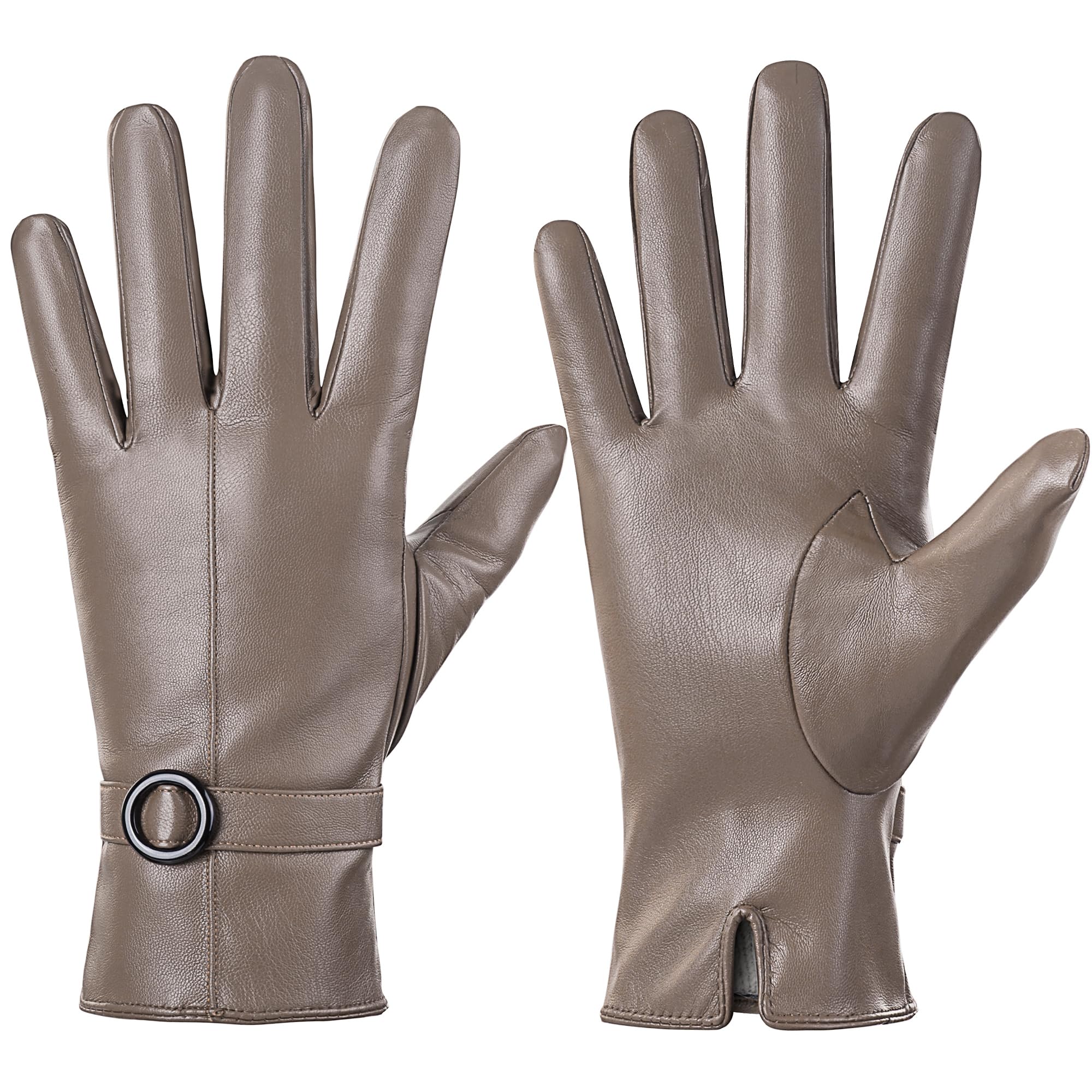 Dsane Women's Beige Winter Leather Gloves Touchscreen Texting Warm Driving Lambskin Gloves (, L)