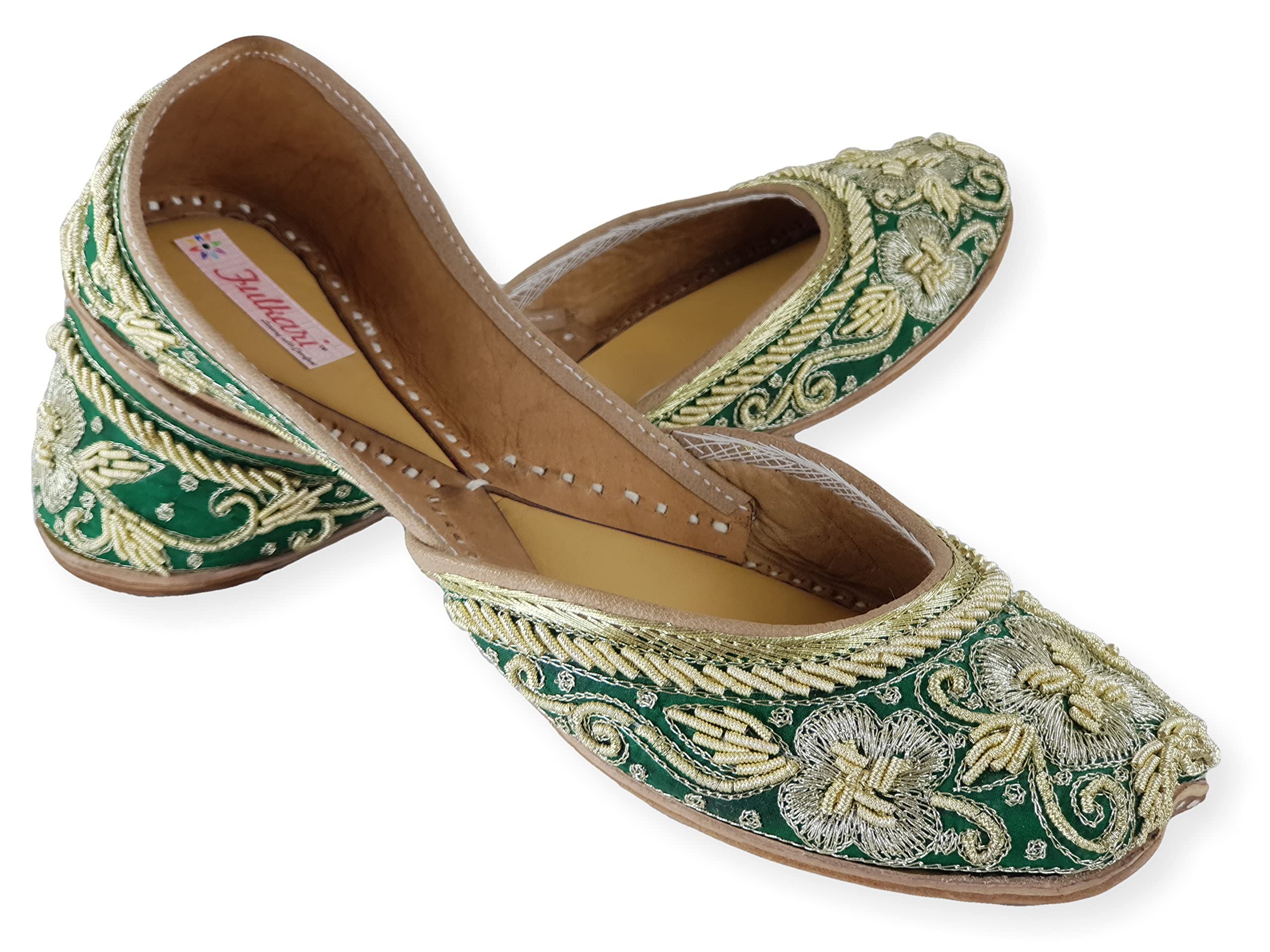 fulkari Women's Flower Zarri Embroidered Gold Juttis | Elegant Wedding & Formal Flats | Bite & Pinch-Free Soft Leather Mojari | Punjabi Jutti | Girl's Shoes Jutis |-picture-17