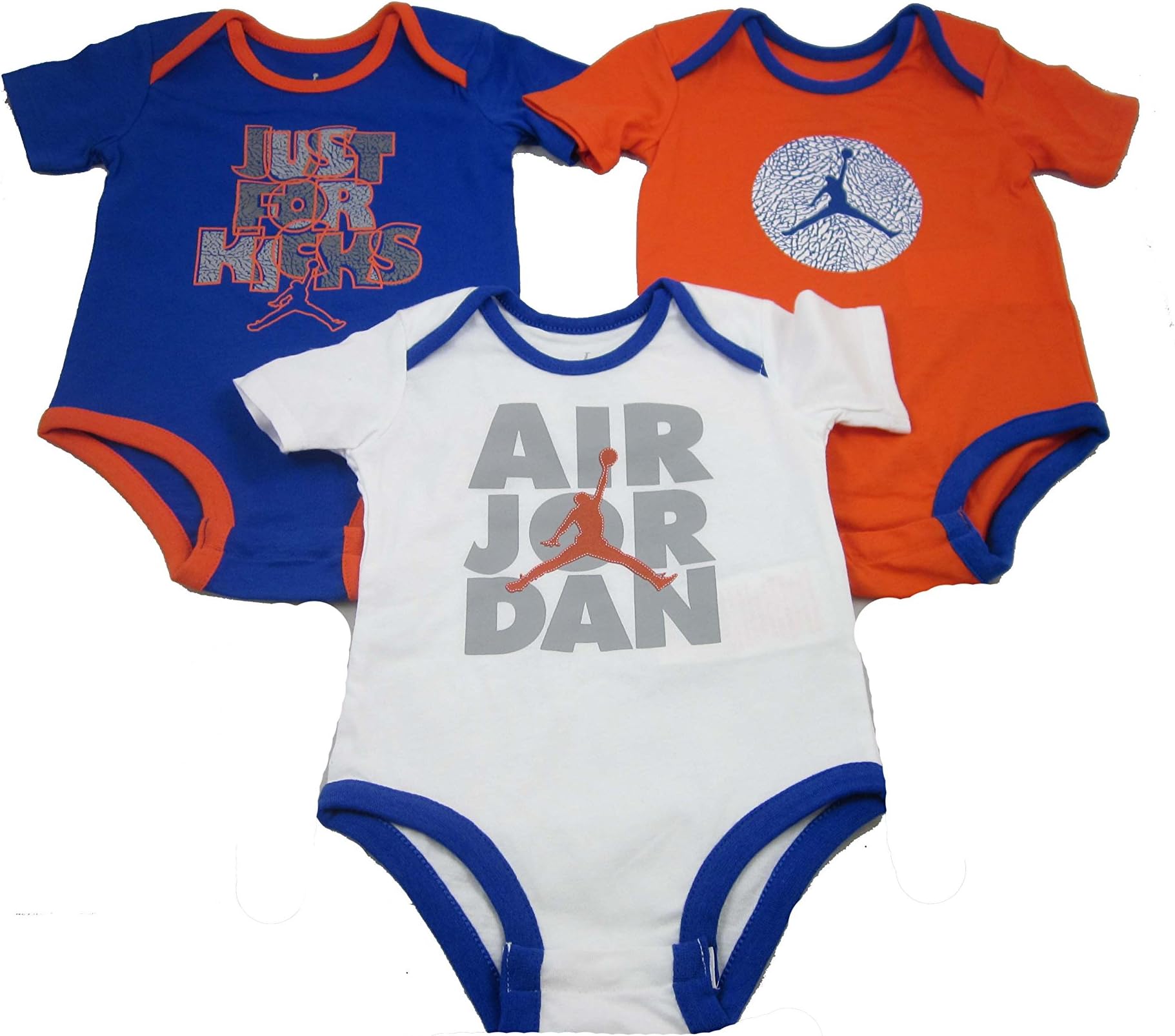 Nike 3 Pack Boys Air Jordan Infant Bodysuits (3-6 Months, Team Orange/Blue/White)