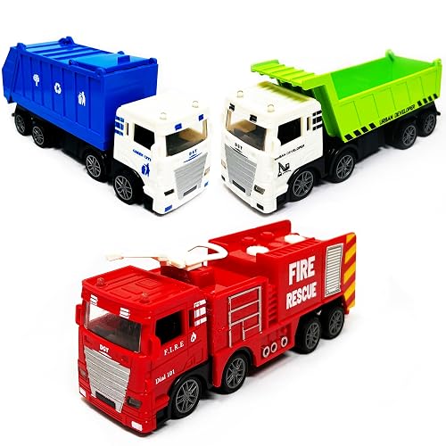 PARTEET 3 Piece Die Cast Pull Back Toy Truck Set|Fire Brigade, Sanitation and Dumper Trucks|Friction Powered Toys Vehicles for Kids, Birthday Return Gifts for Kids 3 Year and Above(Multi-Colors)
