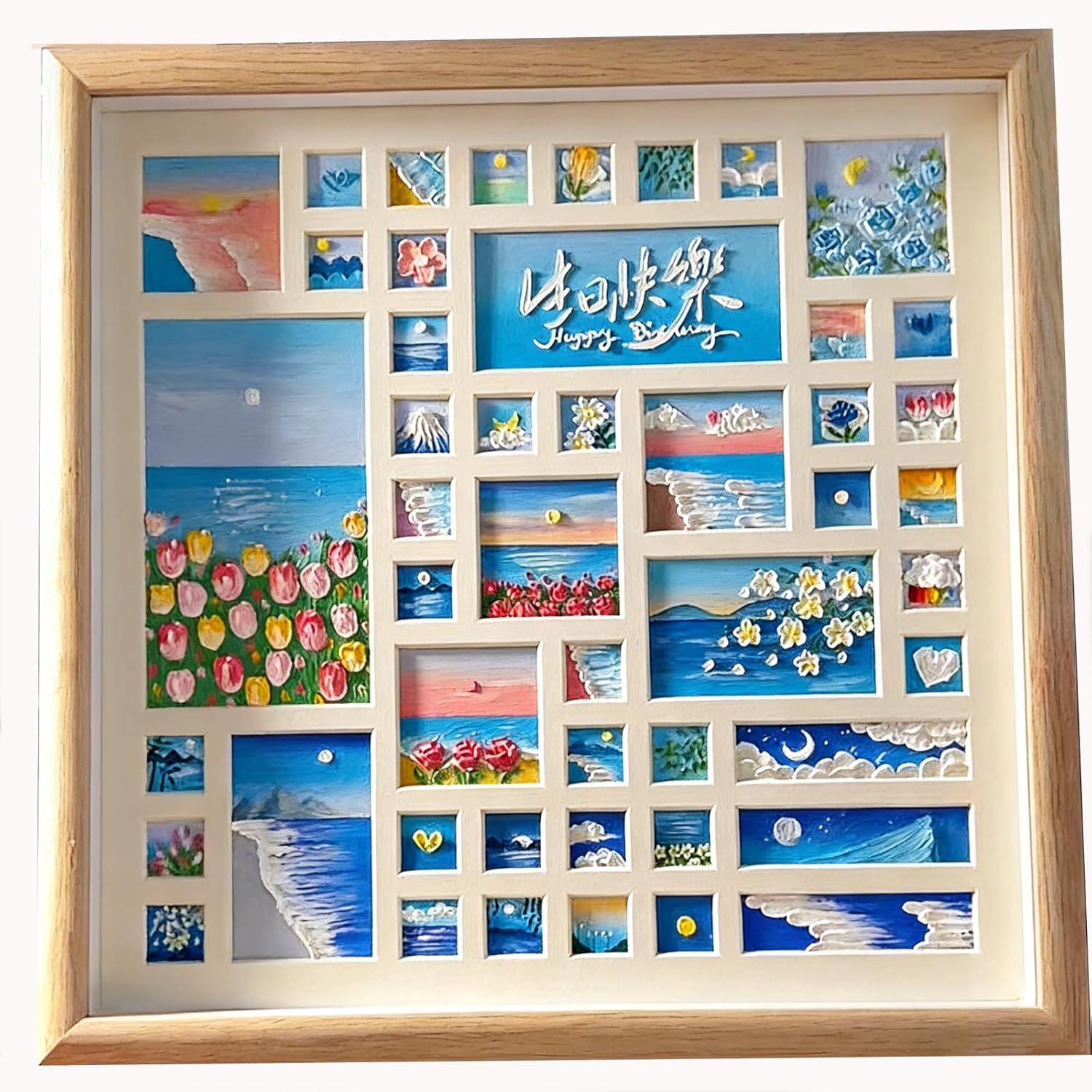 ZJHY DIY Oil Pastel Grid Painting Kit with Solid Wood Frame & 5 Spare Papers - Beginner Friendly, Versatile Wall & Tabletop Decor for Wedding & Birthday Gifts