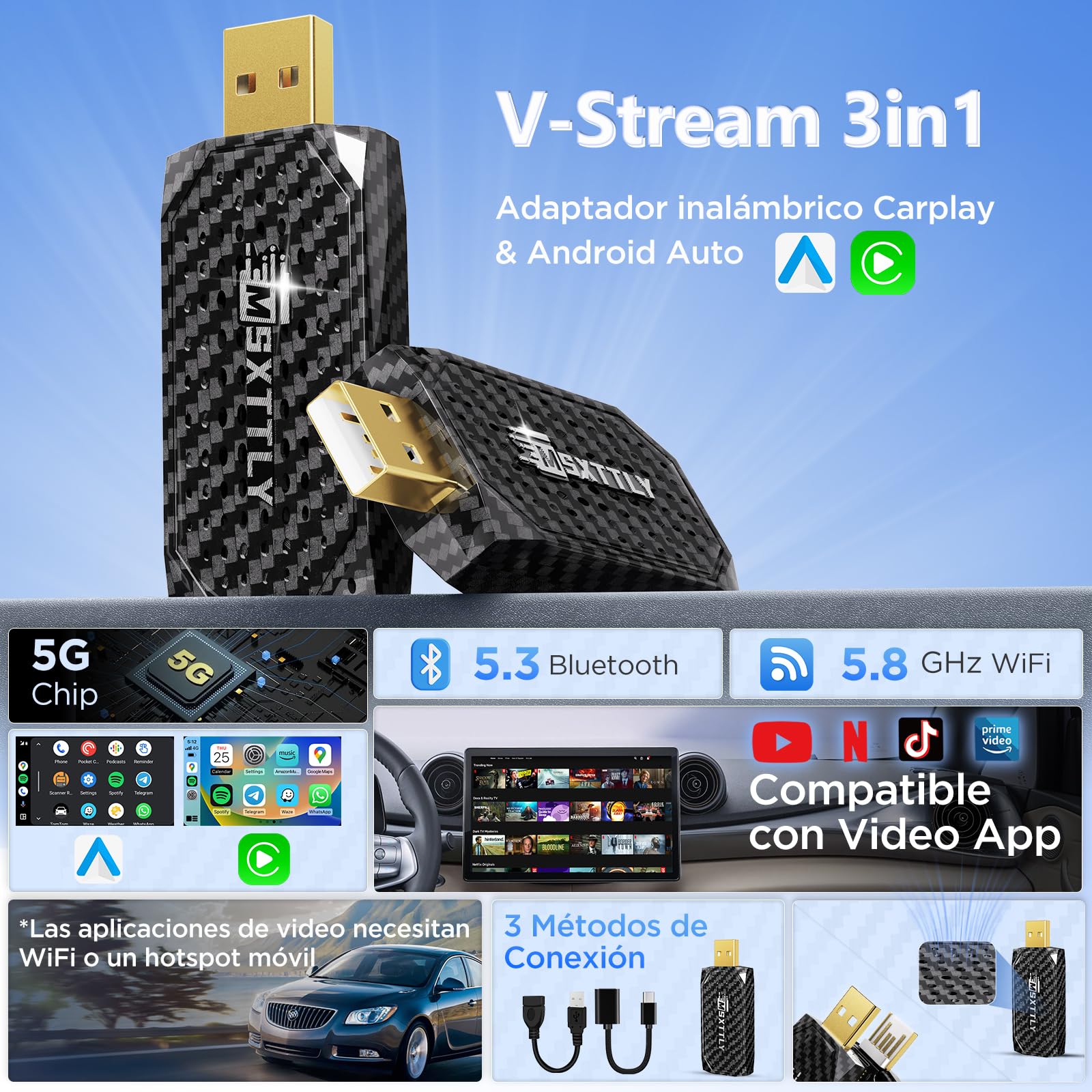 MSXTTLY Mini Adaptador Inalámbrico CarPlay Android Auto 3 en 1, Compatible con Netflix, Youtube, TikTok y Prime Video, para Coches con CarPlay con Cable 2017+, Android 11 e iPhone iOS 10+