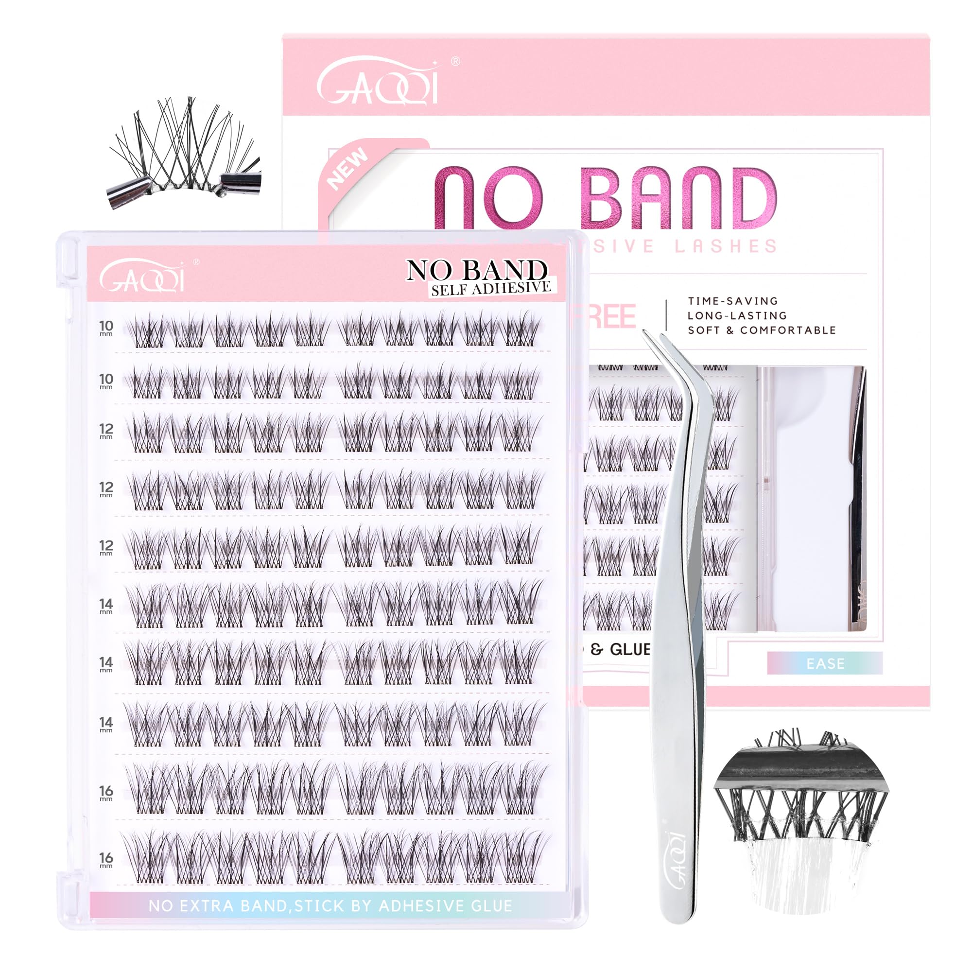 GAQQI Self Adhesive Eyelash Clusters, Natural Look No Glue Lashes 10-16mm, No Band Self Adhesive Lash Clusters 100pcs, Press On Lashes Invisible Band, With Lash Tweezer (LACE)