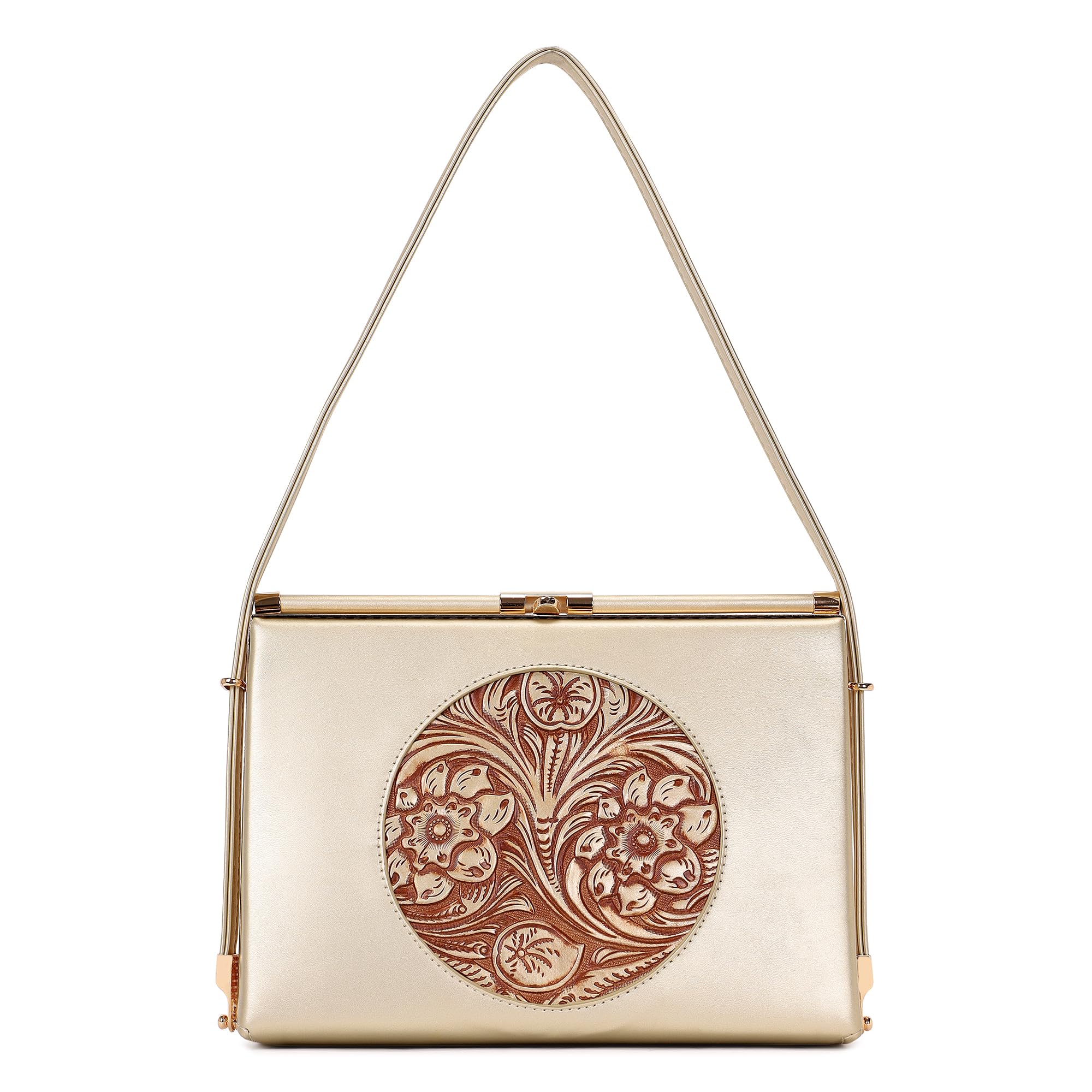 Aurelia Rose Gold Embossed Clutch for Women | Structured Evening & Party Handbag with Adjustable Strap and Twist Clasp Closure-image-49