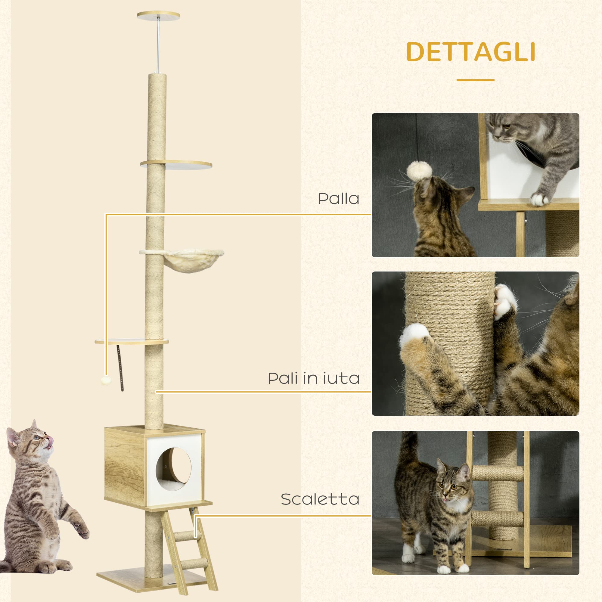 PawHut Set 2 Pezzi Albero per Gatti Altezza Regolabile 40x40x225-285 cm | in Truciolato, Tiragraffi per Gatti, Casetta, Amaca, Pallina da Gioco