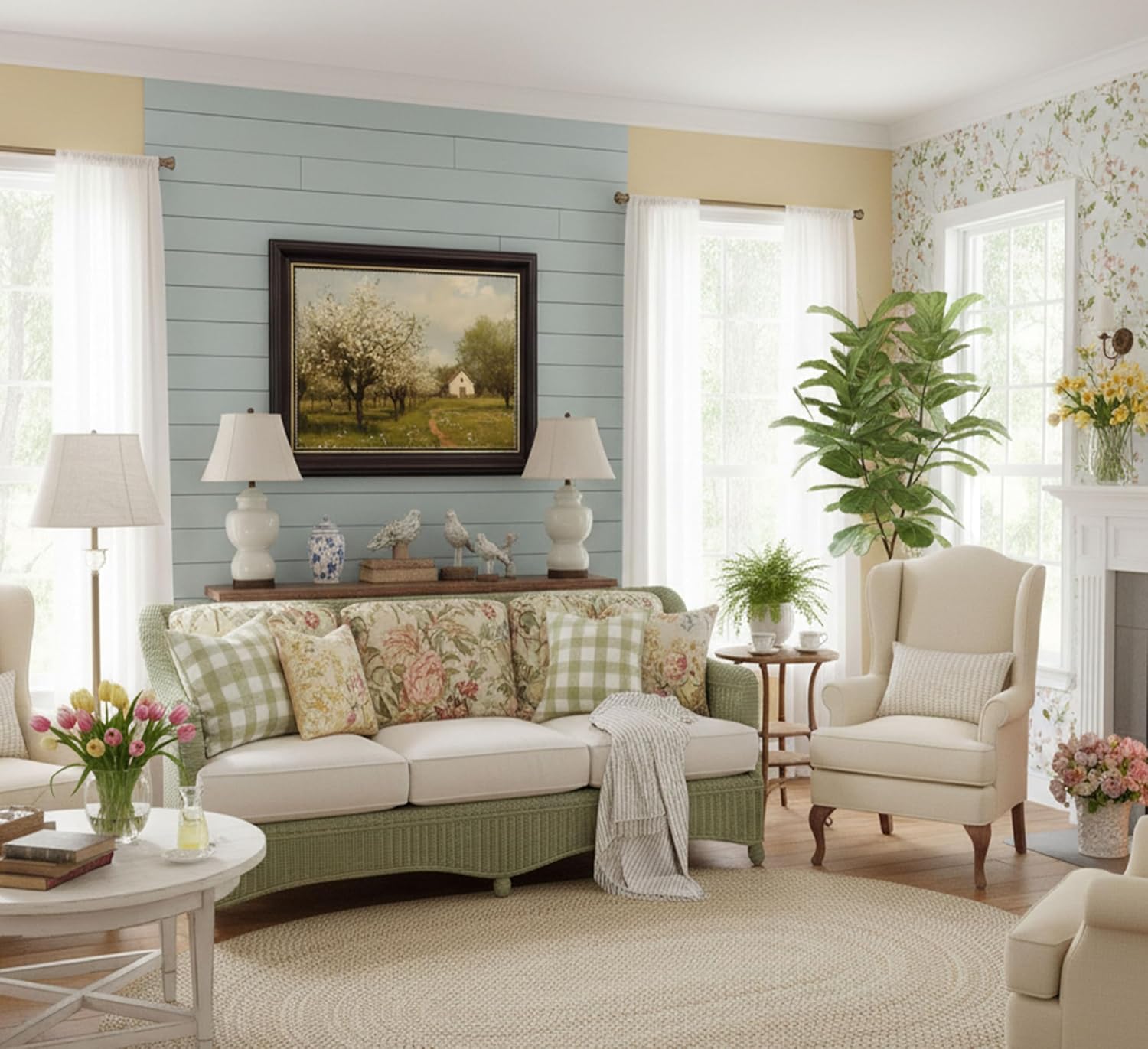 Framed Farmhouse Landscape Canvas Wall Art Vintage French Country Spring Natural Scenery Paintings Pictures Wall Decor Posters Printed Artwork Home Decoration