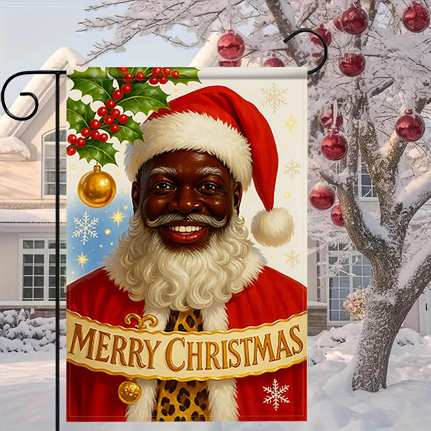 HOMETITUTE Merry Christmas African American Black Santa Garden Flag 12x18 Inch Double Sided Santa with Holiday Banner Holly Gold Ornament Flags Outdoor Winter Yard Banner - Image 3