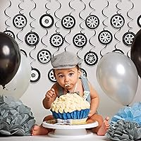 Vista 6 de 60 piezas de decoración de fiesta de cumpleaños de autos de carreras, adornos colgantes de remolinos de neumáticos de carreras, suministros