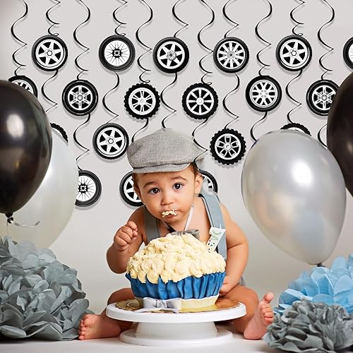 Miniatura 6 de 60 piezas de decoración de fiesta de cumpleaños de autos de carreras, adornos colgantes de remolinos de neumáticos de carreras, suministros