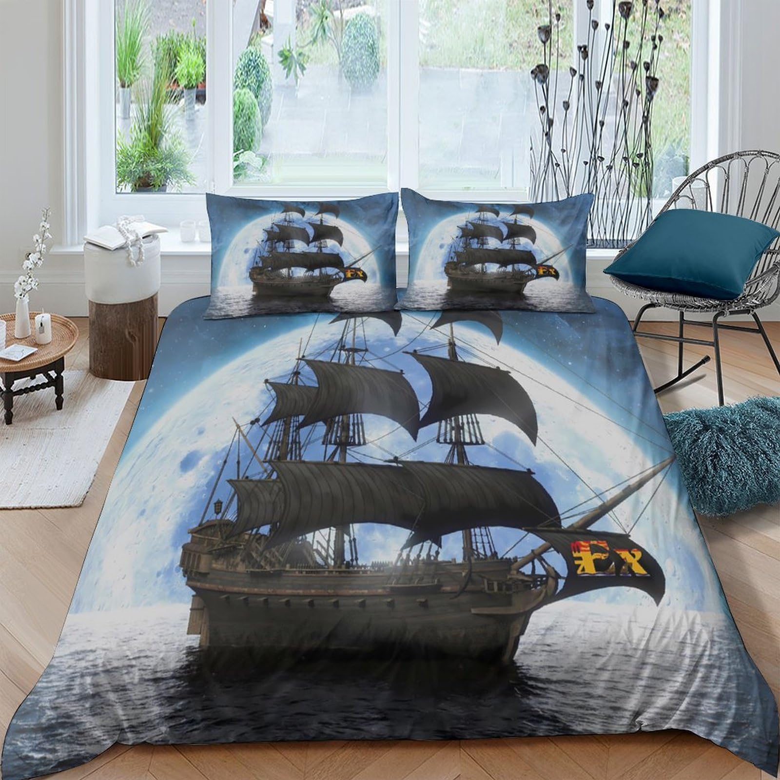 GPLZQXKJNH 3D Printed Pirate Ship Duvet Cover Microfiber Soft Breathable Ocean Night Bedding Set with 2 Pillowcases for Bedroom Decor Single（135x200cm）