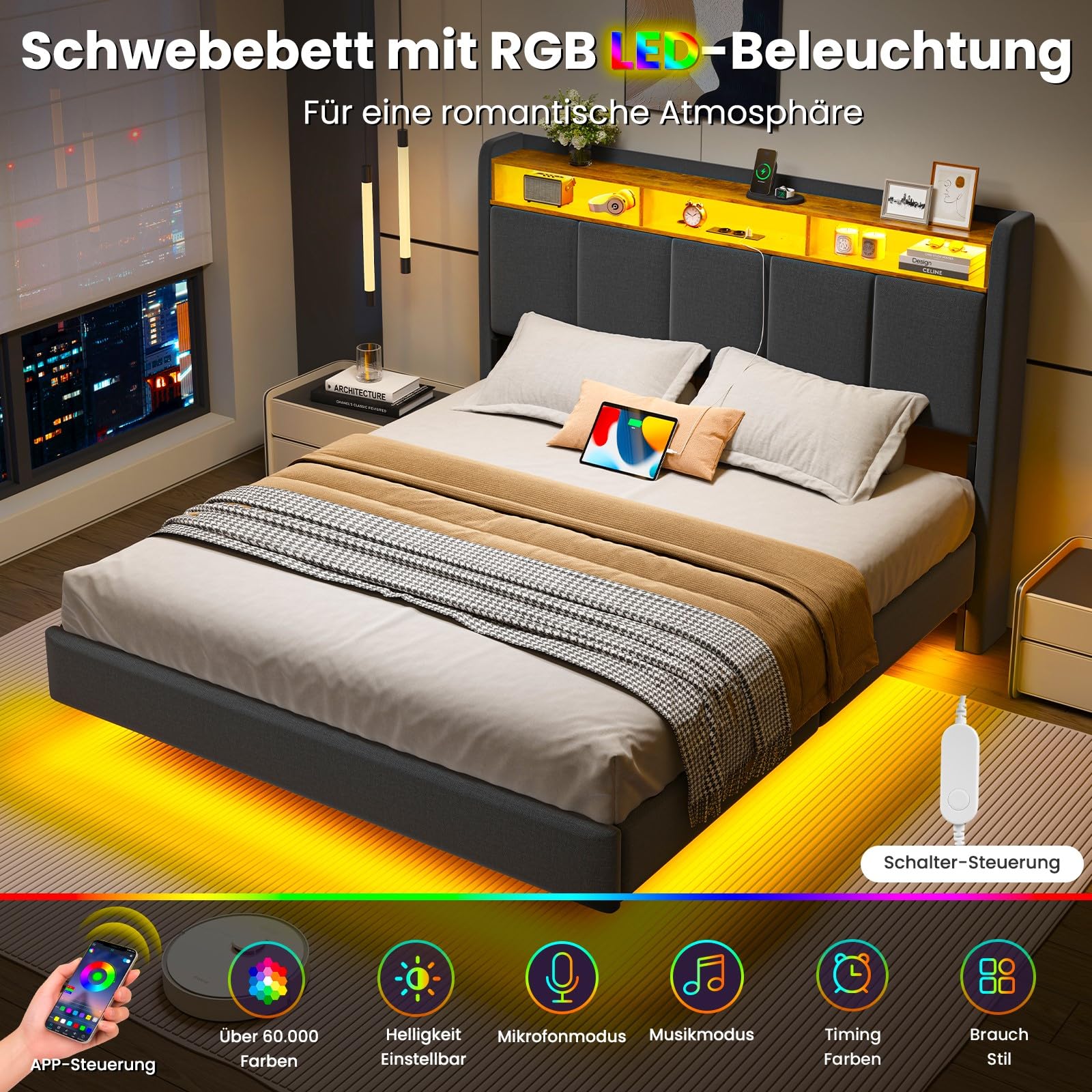 Brinlawb Polsterbett 140x200 cm Schwebebett mit LED-Beleuchtung, Kopfteil und Ladestation(2 AC-Steckdosen, 2 USB-Anschlüsse), Bett 140x200 mit Stauraum, Modern Doppelbett mit lattenrost, Leinen, Grau