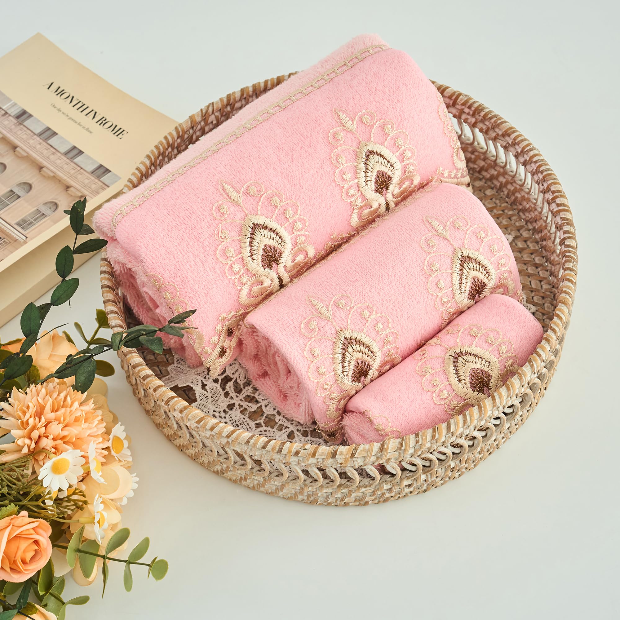 Marina Decoration Premium Luxury Decor Ultra Soft 100% Cotton Sheer Lace Bathroom Modern 3 Piece Towel Set, Pink Color