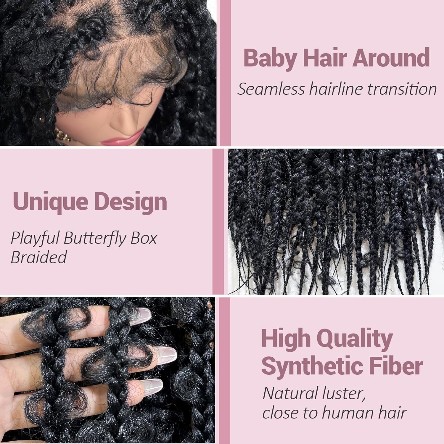 32" Full Lace Knotless Butterfly Box Braided Wigs Full Double Lace Braid Wig with Baby Hair Lace Front Braided Wigs for Black Women Human Hair Blended Lace Frontal Braids Wig (Black)