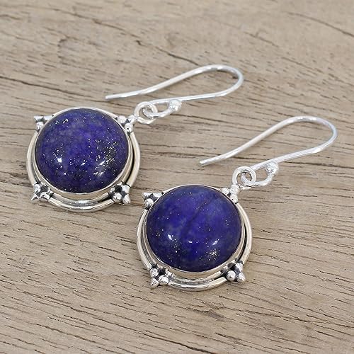 Miniatura 4 de NOVICA Aretes colgantes de lapislázuli artesanal y plata de ley de la India con piedra natal azul 1.5 pulgadas de largo x 0.7 pulgadas de ancho x