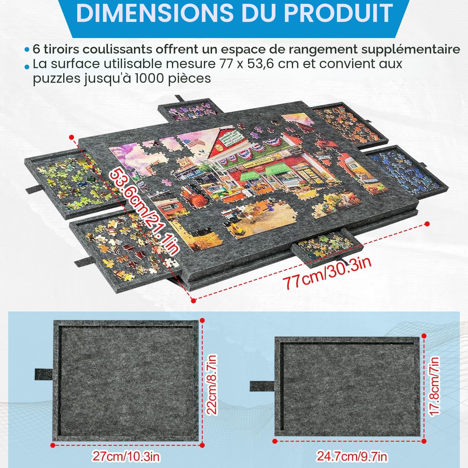 Table puzzle 1000 pièces - Planche à puzzle inclinable 2 en 1 avec support et couvercle - En feutre super léger avec 6 tiroirs - Plateau portable antidérapant (gris foncé)