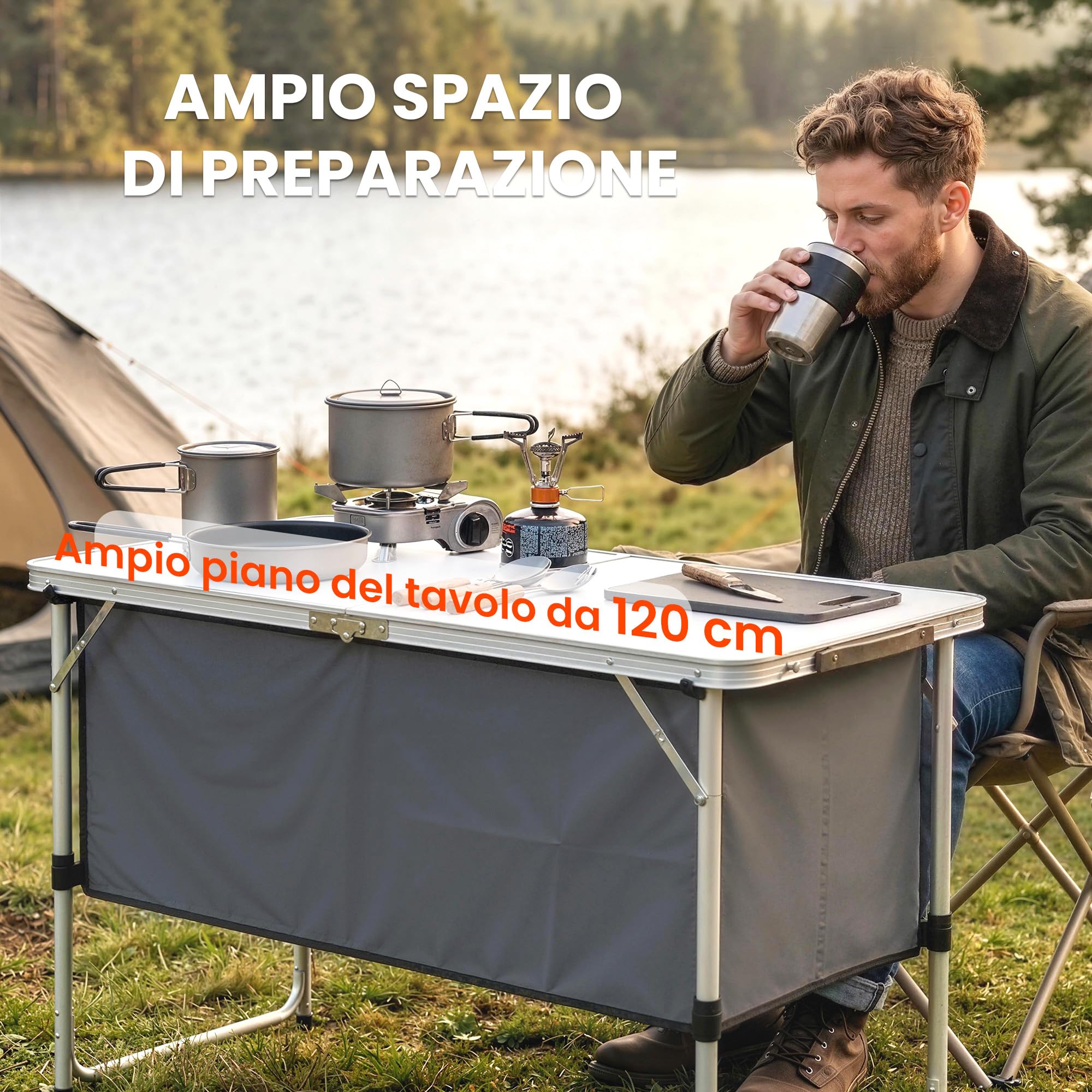 Outsunny Cucina da Campeggio Pieghevole, Mobile Cucina da Campeggio in Alluminio, MDF e Tessuto Oxford, per Picnic, BBQ e attività all'Aperto, 120x47x70 cm, Argento
