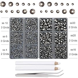 10000Pcs 2-Boxes Mixed Size Hot Fix Round Crystals Gems Glass Stones Hotfix Flat Back Rhinestones with Tweezers and Picking Pencil (Silver Flare)