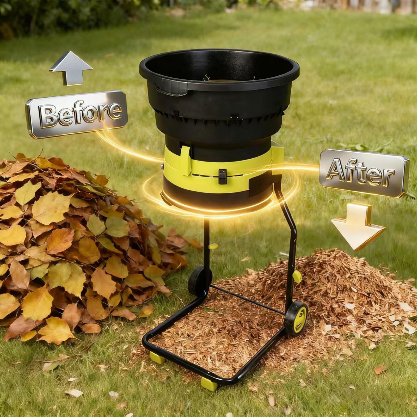 Trituradora de Hojas eléctrica de 2500 W Corte sin Cuchillas Ruedas de Embudo de 54 cm y Bolsa de Almacenamiento para Madera y residuos de jardín. 60mpowercord