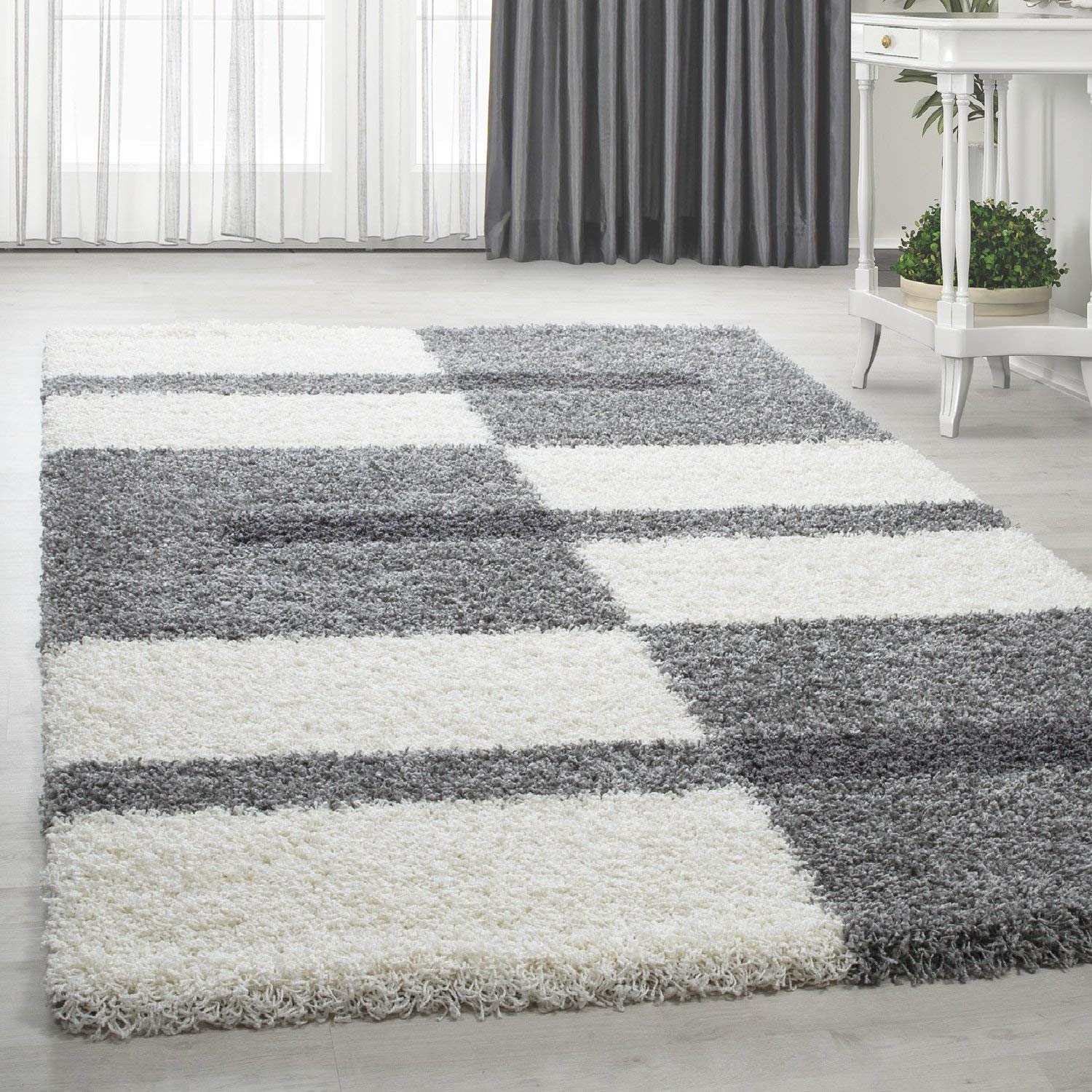HomebyHome Alfombra Salon Peludo de Pelo Largo Gris Claro 140x200 cm - Alfombras de Habitacion Sala de Estar Diseño a Cuadros Suave y Esponjoso - Alfombras Dormitorio Moqueta Cocina Rectangular