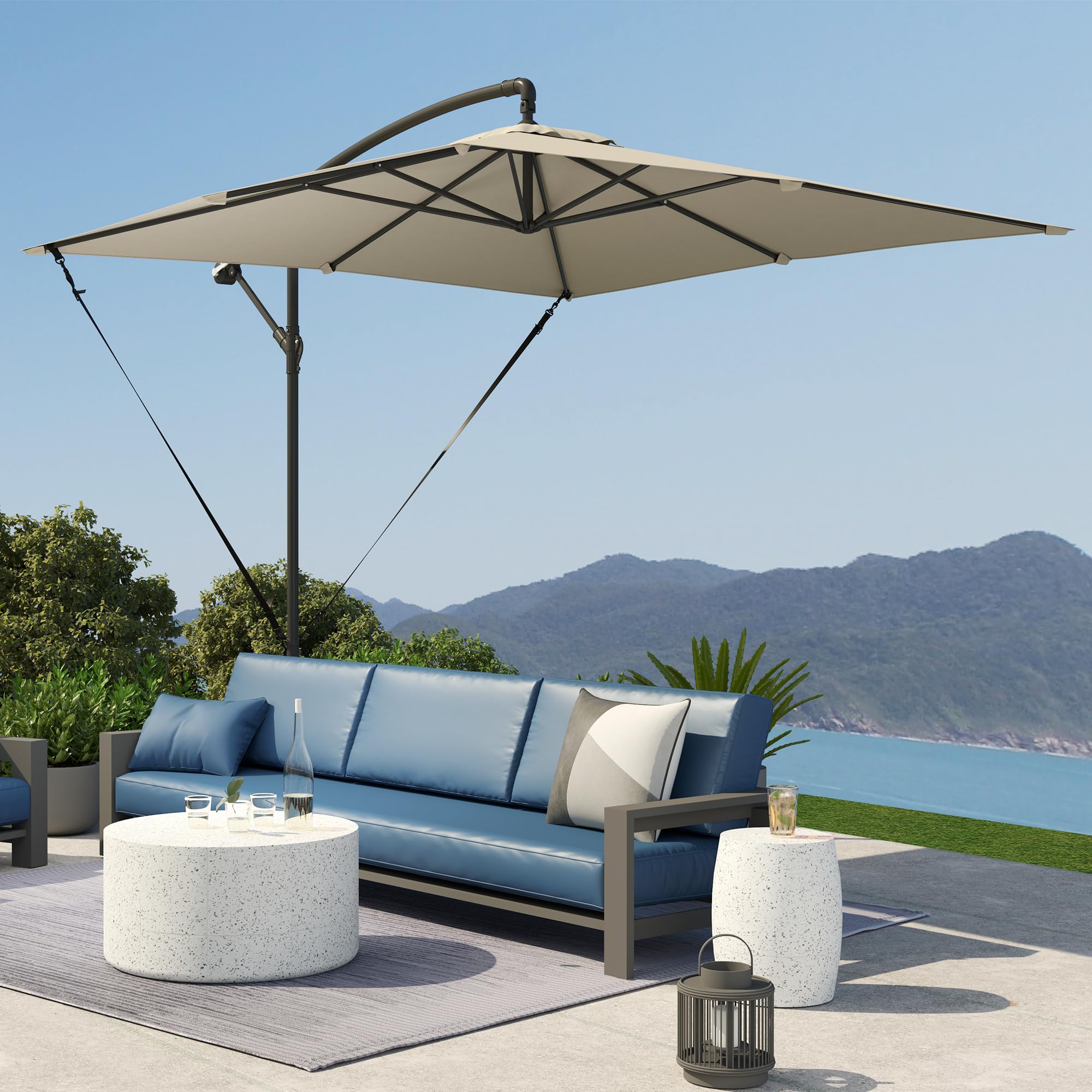 Outsunny Parasol Excéntrico 247x247 cm Base Cruzada Anti-UV 50+ Caqui | Sombrilla de Jardín, Toldo Giratorio 360°, Manivela, Funda Protectora, Cuerda de Viento, para Terraza Patio