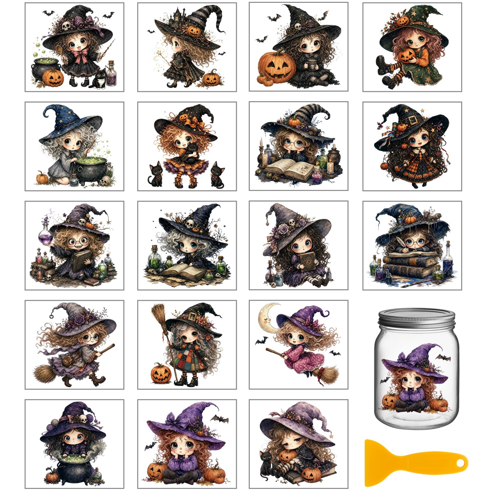 GLOBLELAND 18 Sheets Halloween Witch Rub on Transfers Sticker 3.9x3.6 Cute Witch Decals UV Transfer Stickers for Crafts Bottle Glass Cup Vase Decor
