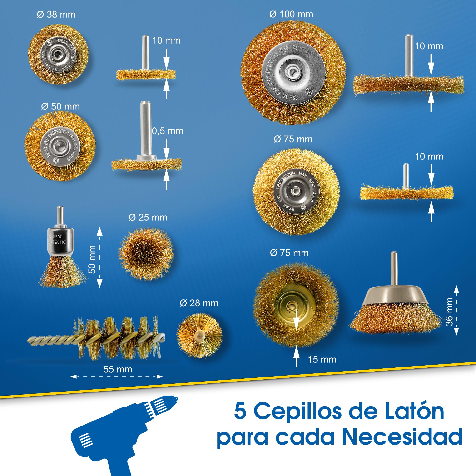 S&R Juego de 7 cepillos de alambre para taladro, destornillador inalámbrico. Cepillo para Lijar y Limpiar Madera Metal Pintura, Cepillos de Alambre de Latón Ø 0,5 mm, Vástago Hexagonal 6 mm 1/4"