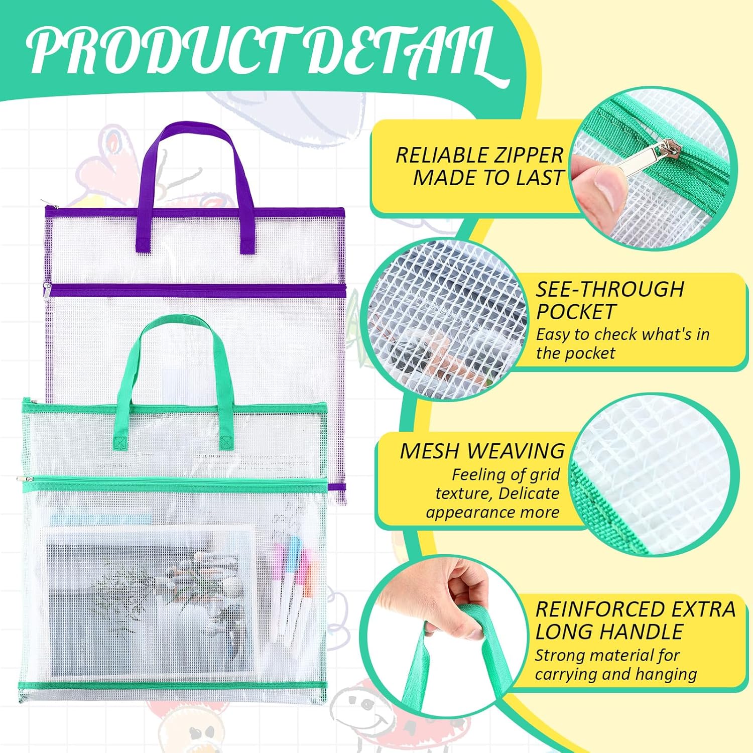 5 Pcs Sew Project Bags 16 x 16 Inch Quilting Craft Organizer Storage Bags with Handle and Pocket Jumbo Sew Quilting Mesh Bags for Quilters Knitting Stitching Crafter, 5 Colors (Rainbow)