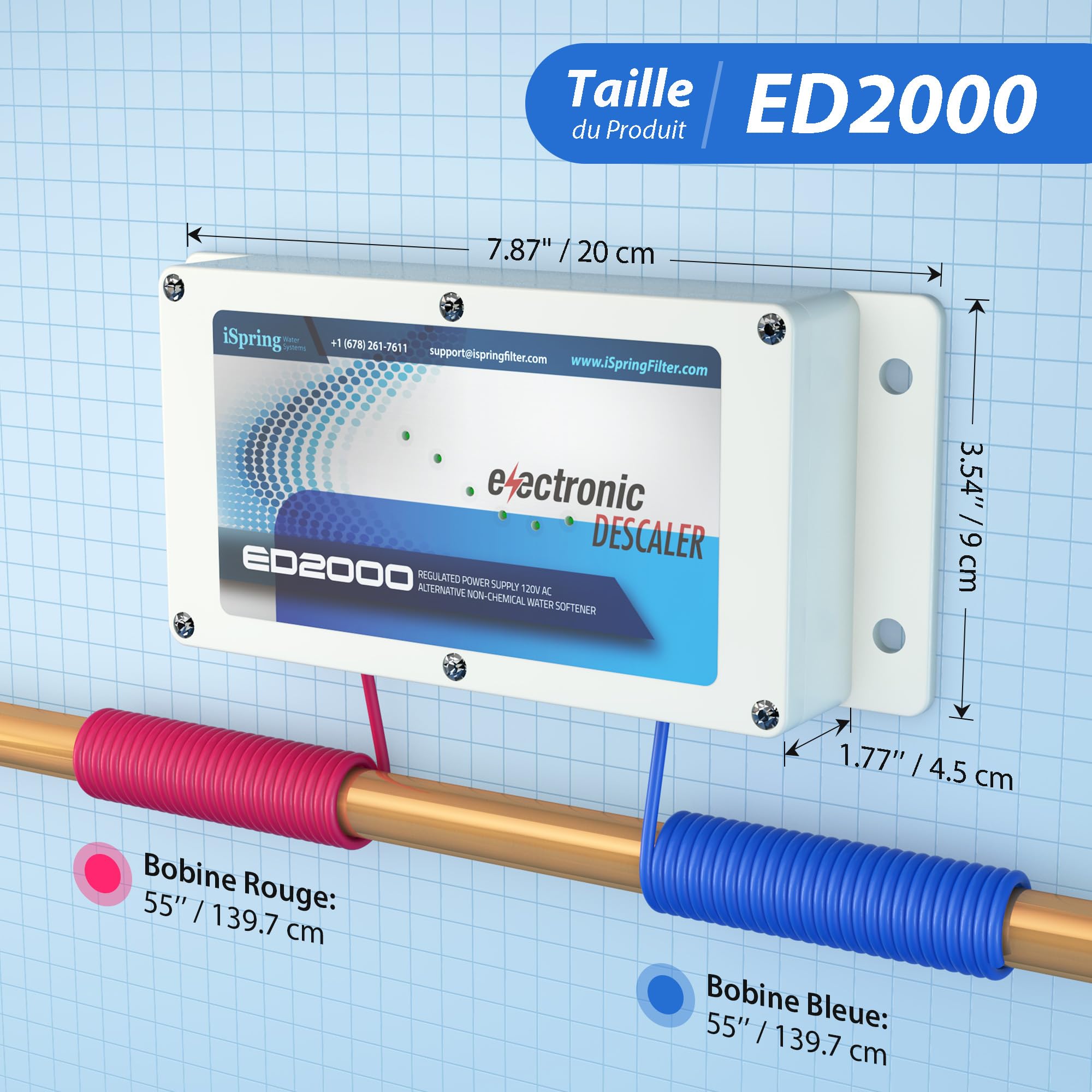 iSpring ED2000 Détartrant Électronique Eau Dure Maison Entière Sans Sel | Réduit le Calcaire, Prévient les Dépôts, Alternative Électronique Adoucisseur Traditionnel