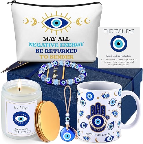 Skylety 8 piezas de regalo contra el mal de ojo para mujer, taza de protección contra el mal de ojo, pulsera de vela, bolsa de maquillaje, tarjeta