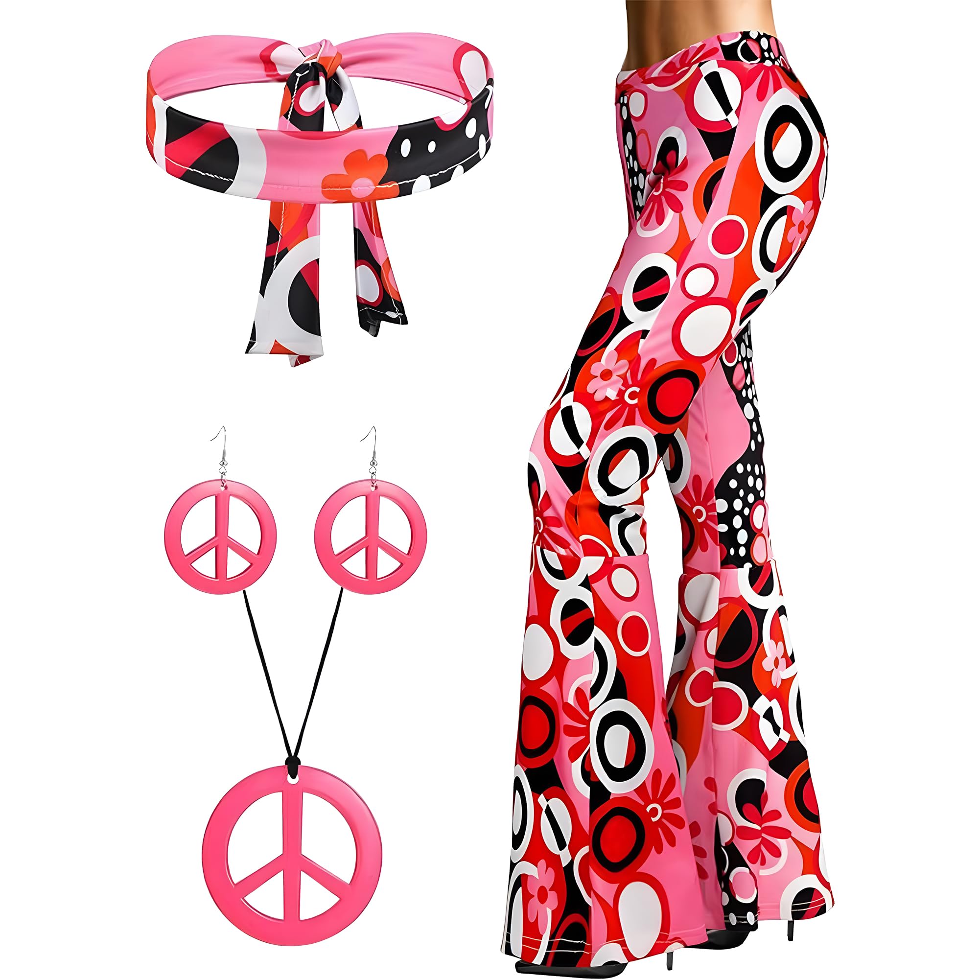 Jyeennar 4PCS 70s Hippie Retro Print Outfit Set-Pink,Include Headband,Flared Pants,Earrings&Necklace,Hippy Clothes for Women,Vintage Boho Style Outfit for Festival,Costume Party,XL