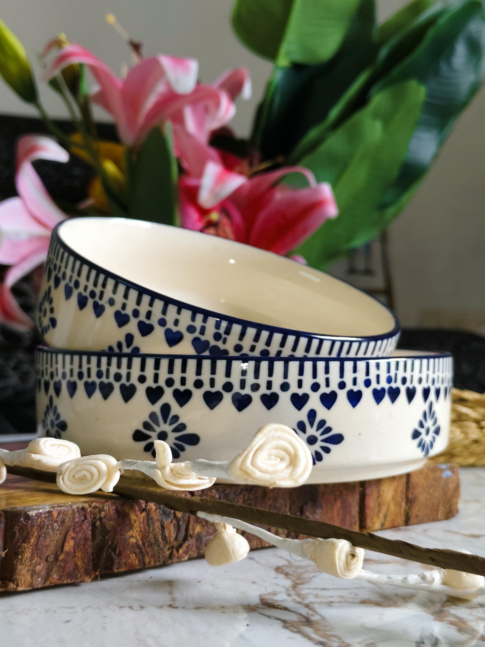 Niyara Stoneware Handmade Ceramic Stylish Premium Serving Bowls, Salad Tray Microwave Dishwasher Safe, Elegant Ceramic Flat Serving Bowl Set of 2, Sizes: 500ml, 450ml (New Salad Delta Bowl)-image-1
