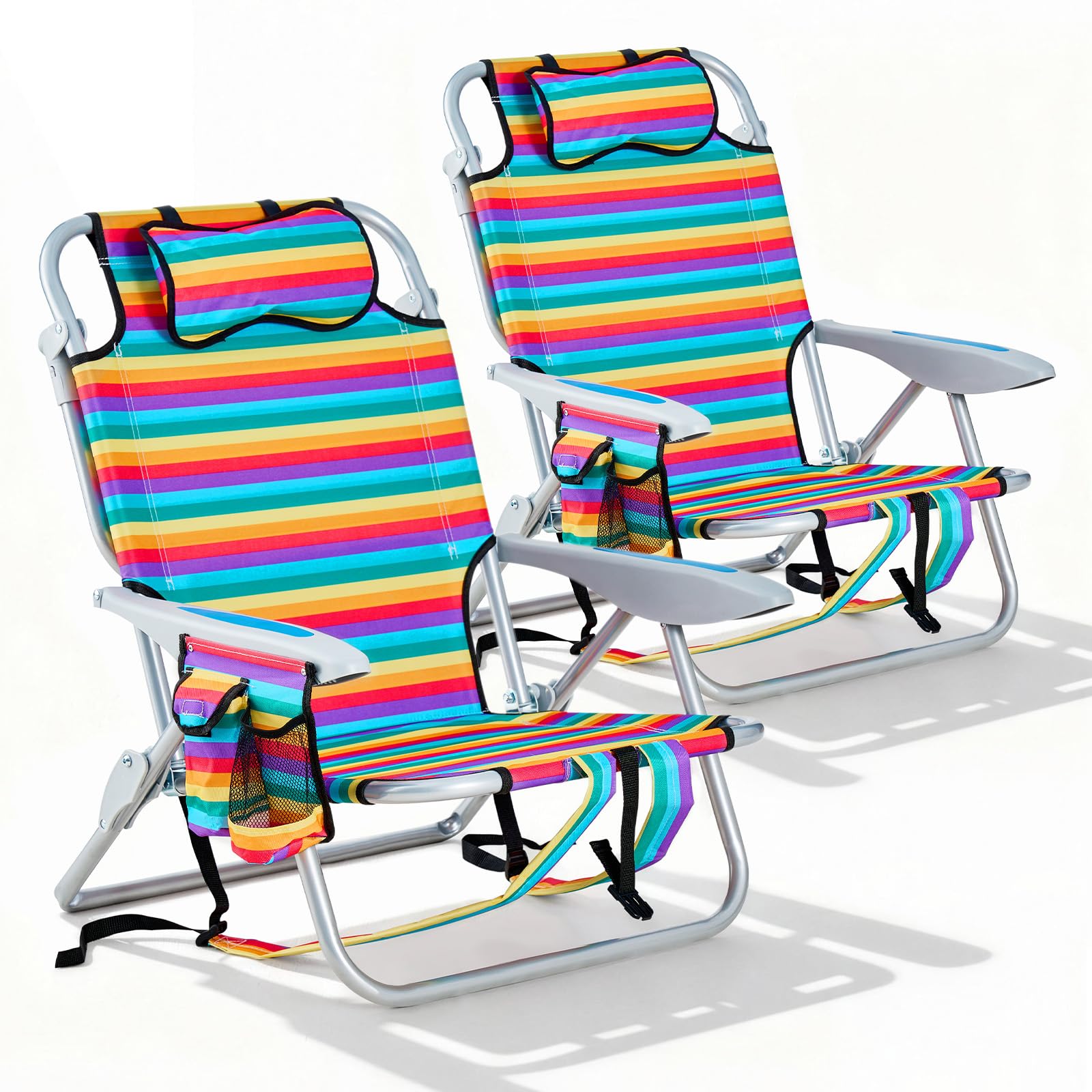 Canpsky 2 Pack Lightweight Portable Camping Beach Chair for Adult, Outdoor Lay Flat Folding Beach Chairs with 5 Position, Backpack Beach Chair with Towel Bar, Zipper Pouch, Cup Holder, Rainbow Striped