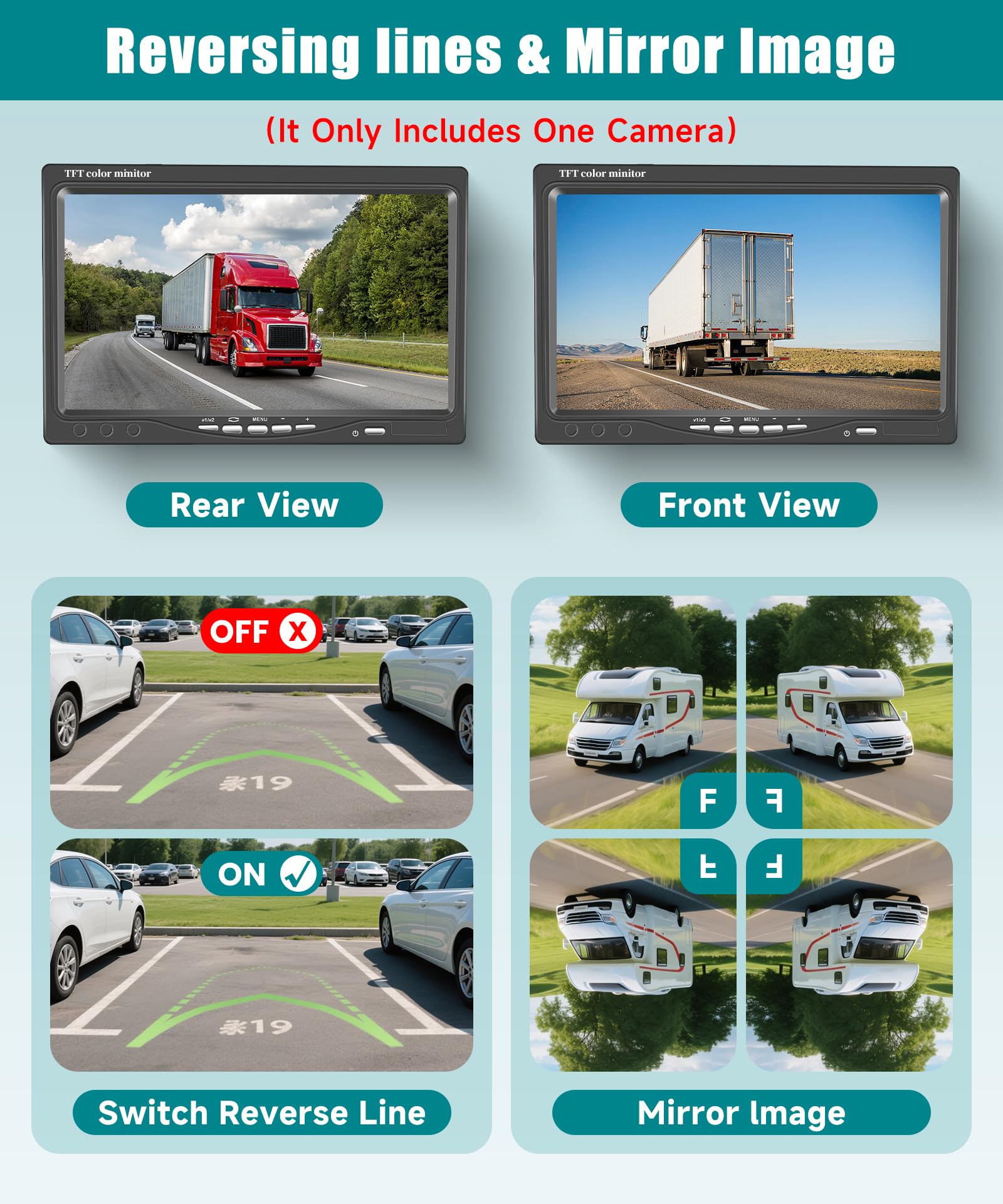 VECHTEL Caméra de recul avec de HD Moniteur 7'',Kit de caméra de recul Filaire Con IP69 Electronique Vision Nocturne de Voiture pour SUV Van RV Car Installa