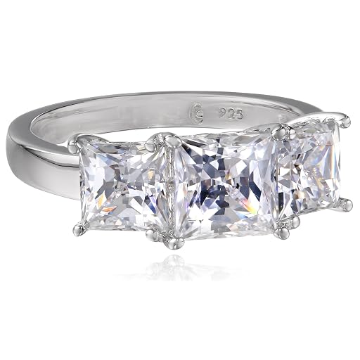 MockWares Collection Platinum Princess Three-Stone Ring, Platinum Plated Silver