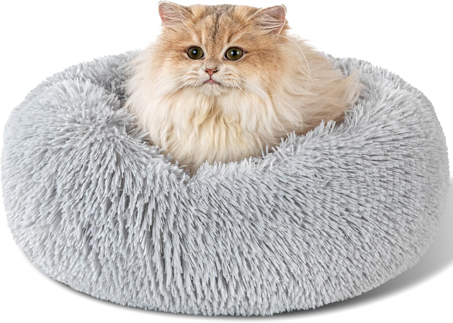 Dog Bed Calming Dog Beds for Small Medium Dogs - Round Donut Washable Dog Bed, Anti-Slip Faux Fur Fluffy Donut Cuddler Anxiety Cat Bed(Light Grey 16") 16"L x 16"W x 8"Th Light Gray