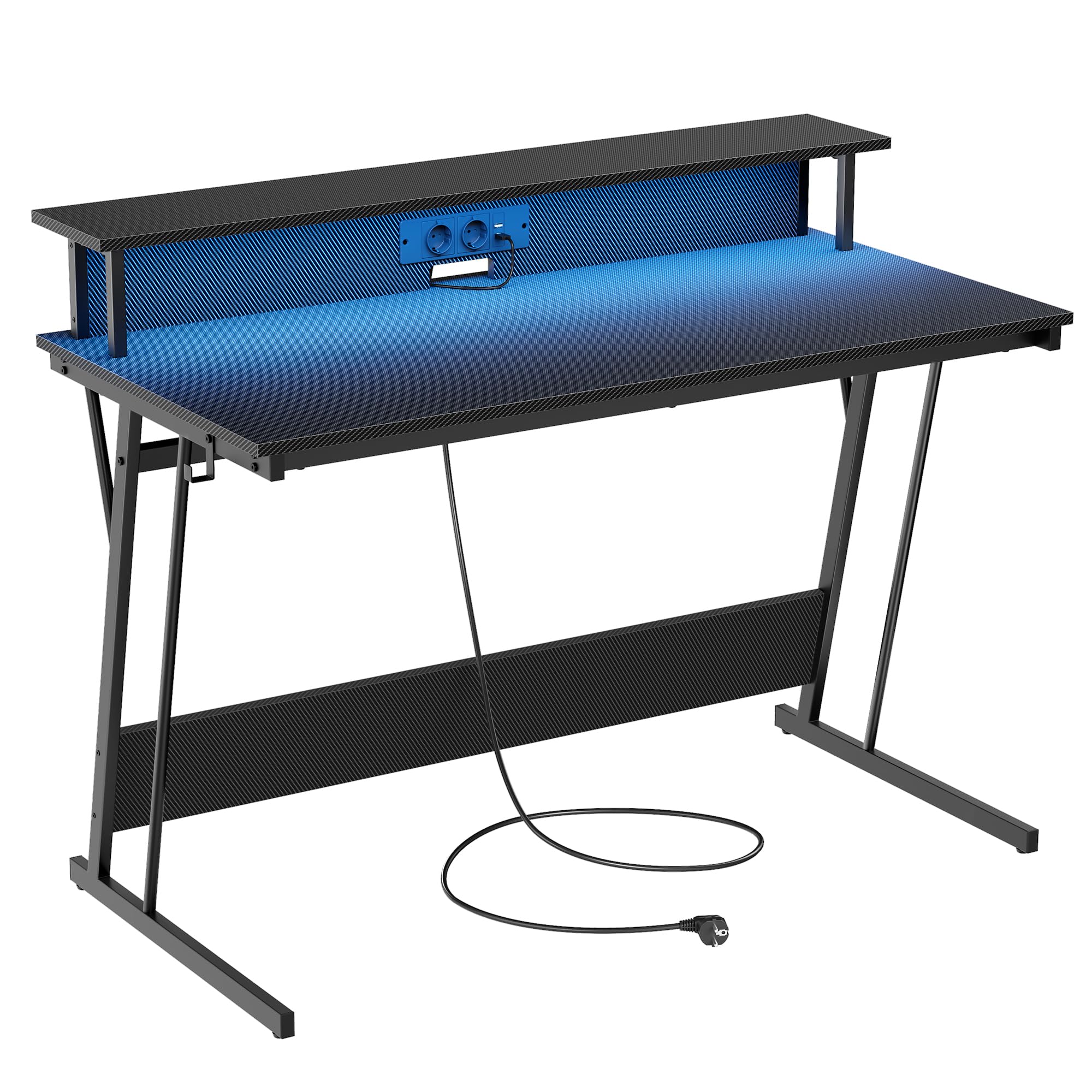 VASAGLE Bureau Gaming avec LED et Multiprise, Table Gamer, Bureau Informatique avec Rehausseur d’Écran, pour 2 Ordinateurs, pour Chambre, 60 x 120 x 76 cm, Noir Carbone LWD192B02