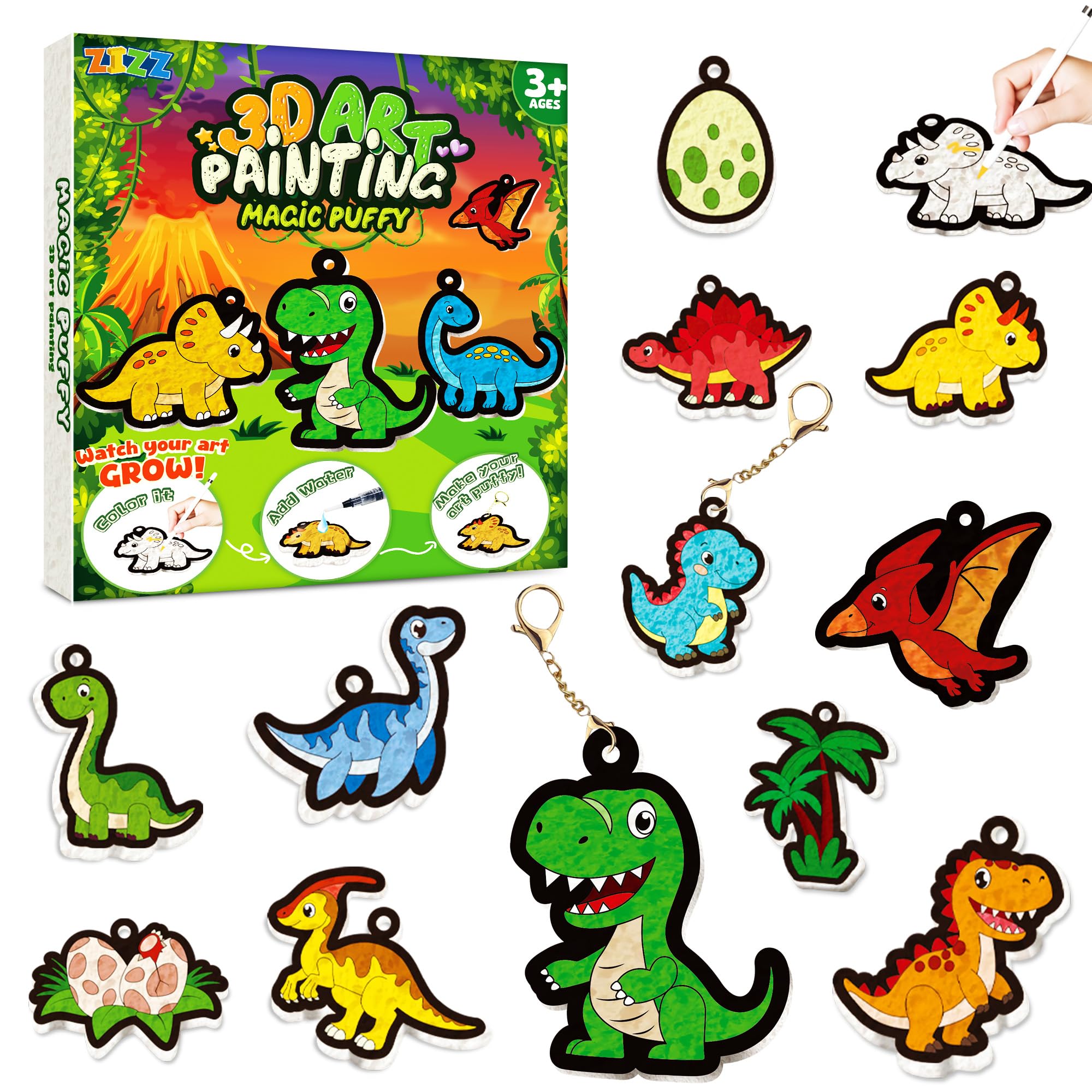 ZIZZ Aqua Puffs 3D-Kunst-Set, Dinosaurier-Aqua-Puffs, magisches Malset, schmutzfreies Malen nach Zahlen, Basteln für Kinder, DIY-Kunsthandwerk, Geburtstag, Weihnachten, Ostern, Geschenke für Jungen