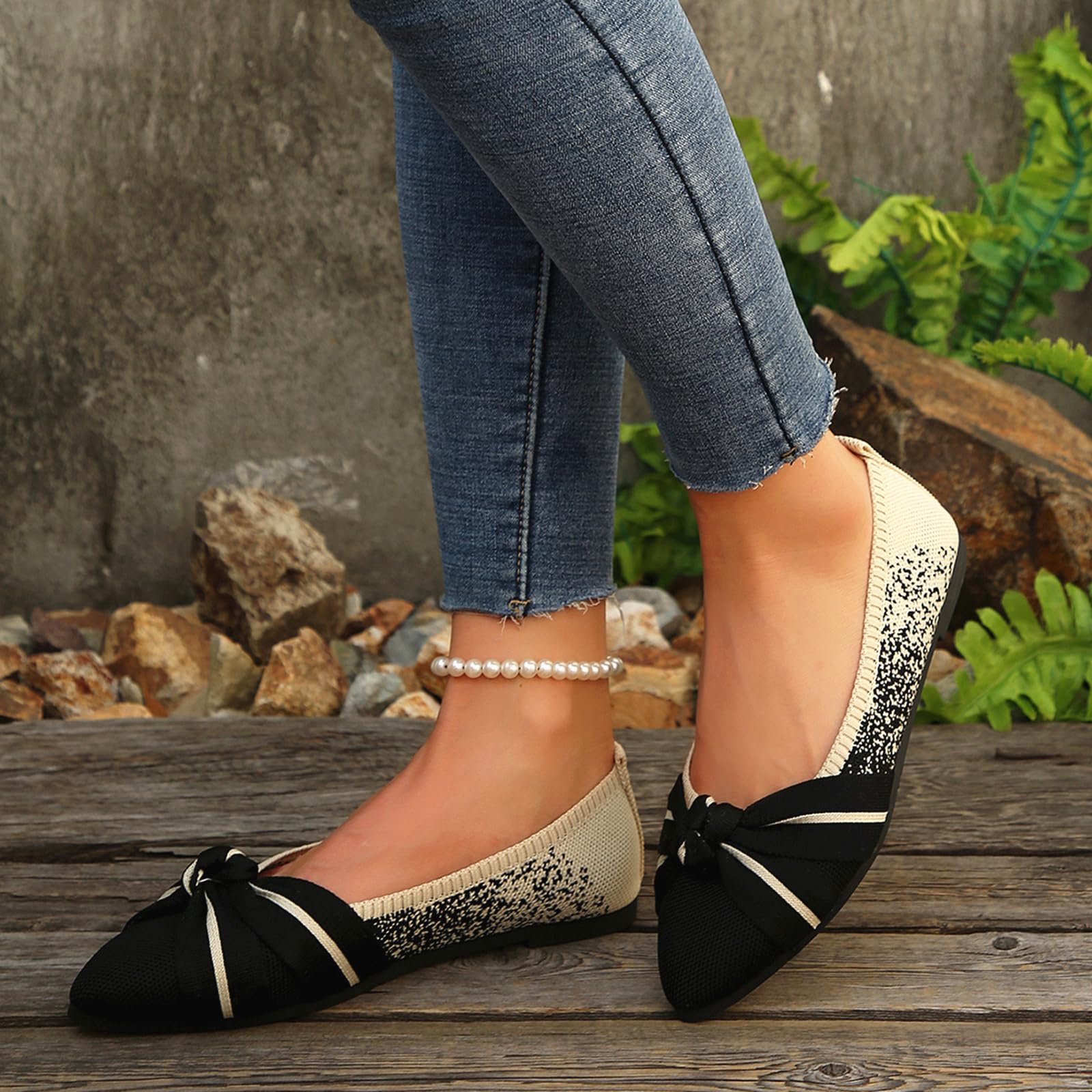 Women's Flats Pointed Toe Bow Knit Ballet Flat Shoes Comfortable Dressy Mesh Slip On Ballerina Flats for Women