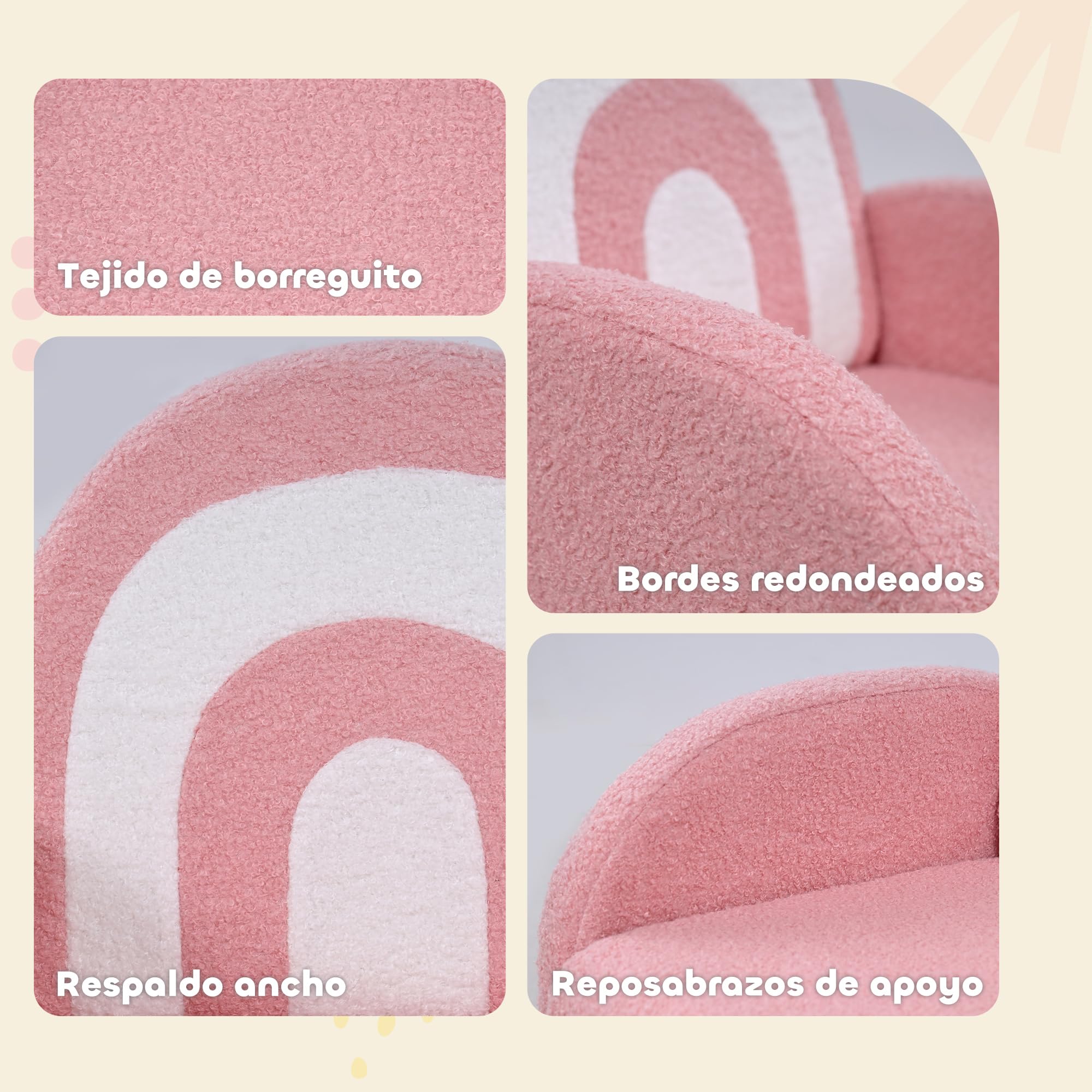 AIYAPLAY Poltrona per bambini con schienale arcobaleno Divano per bambini 18-96 mesi Braccioli in morbido tessuto trapuntato Carico 45 kg Rosa