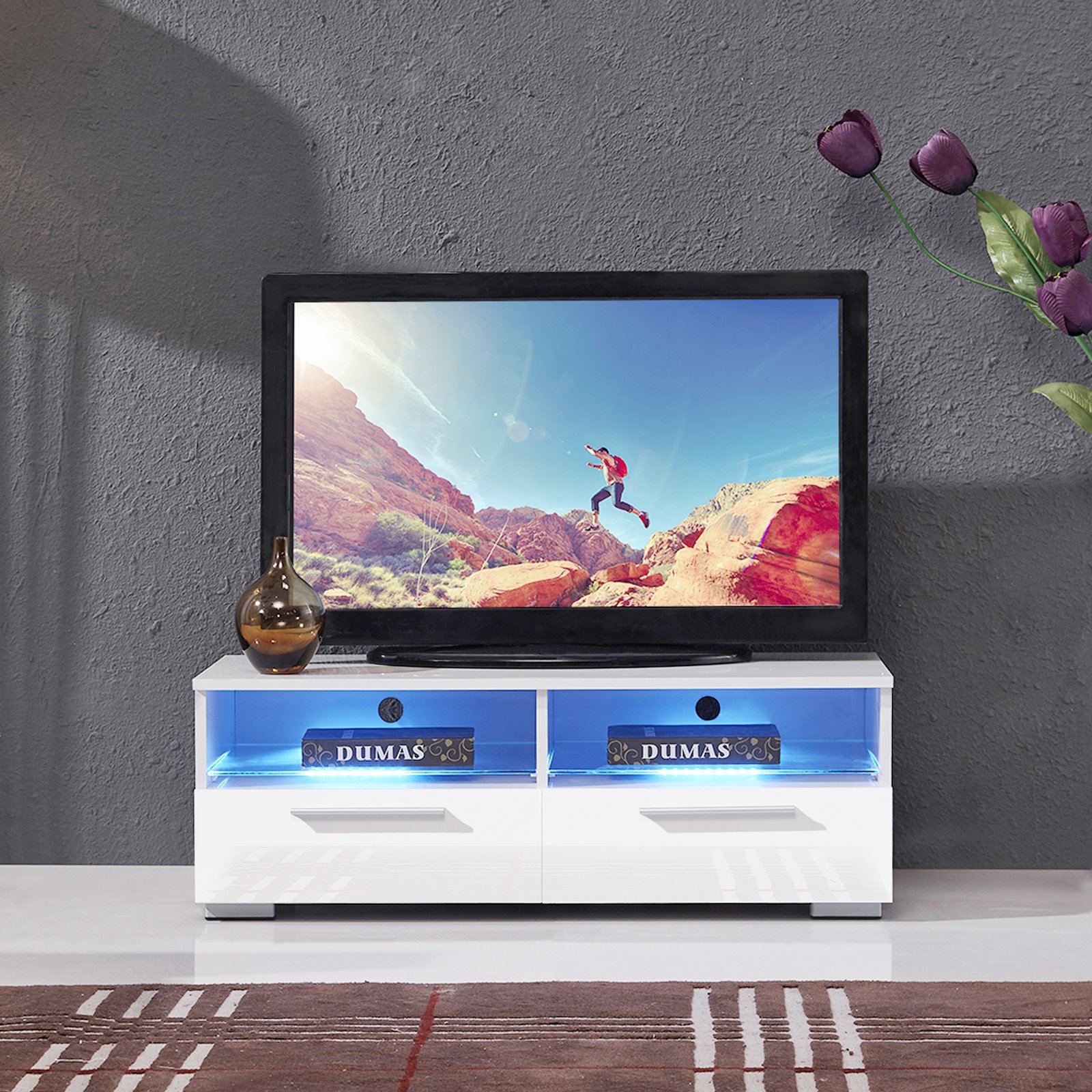 mecor High Gloss TV Stand TV Unit with LED Lights Modern White